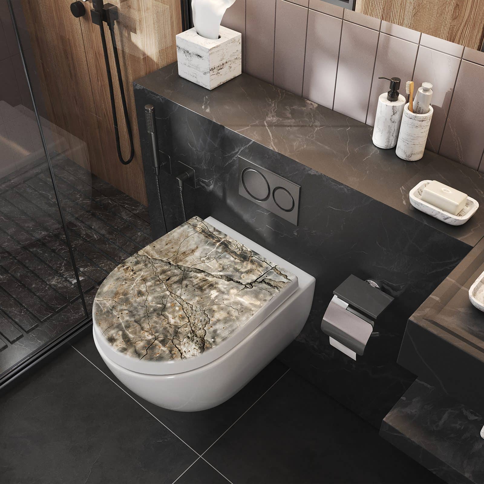 Komfortable Toilettenbrille mit Motiv Rissige & Oberfläche im Badezimmer seitliche Perspektive