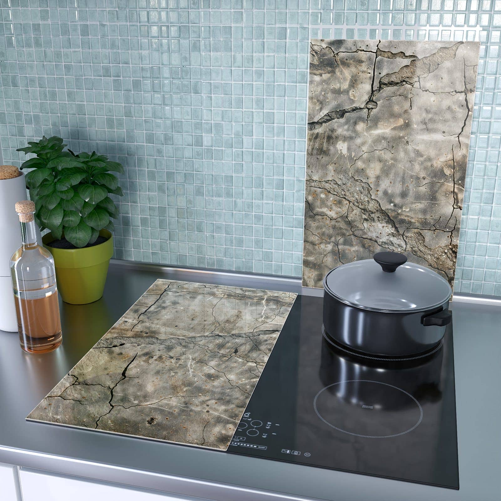2-teilige Herdabdeckplatten aus Glas mit Rissige & Oberfläche-Motiv als Spritzschutz hinter dem Kochfeld