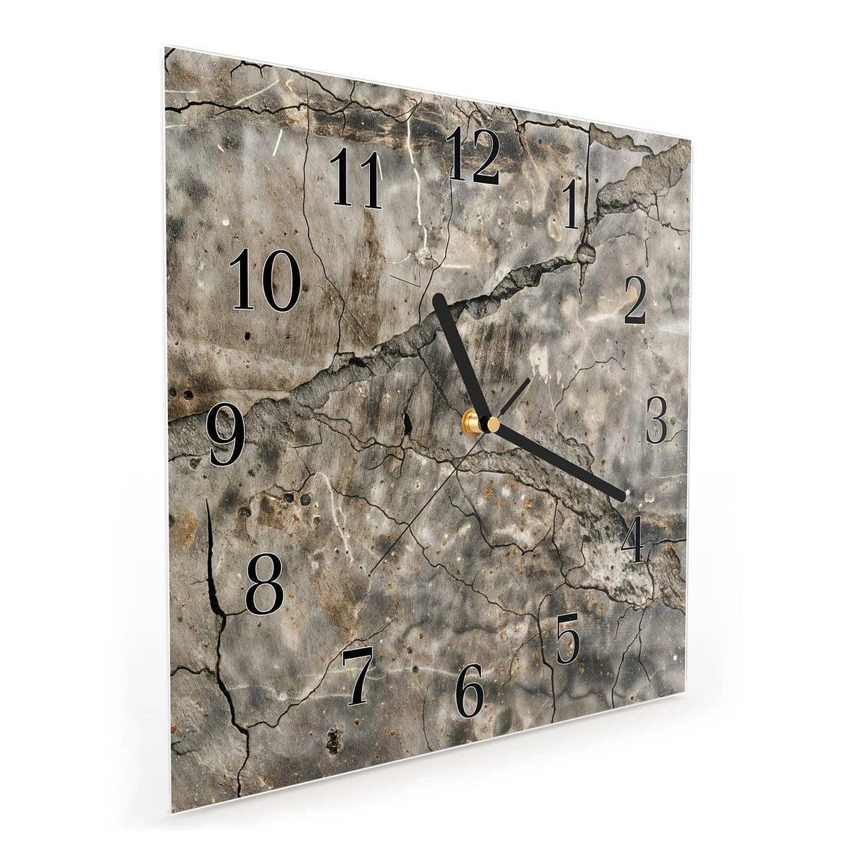 Quadratische Wanduhr aus Glas Tiefe Risse im Stein schräg von der Seite, 4 mm starkes Glas