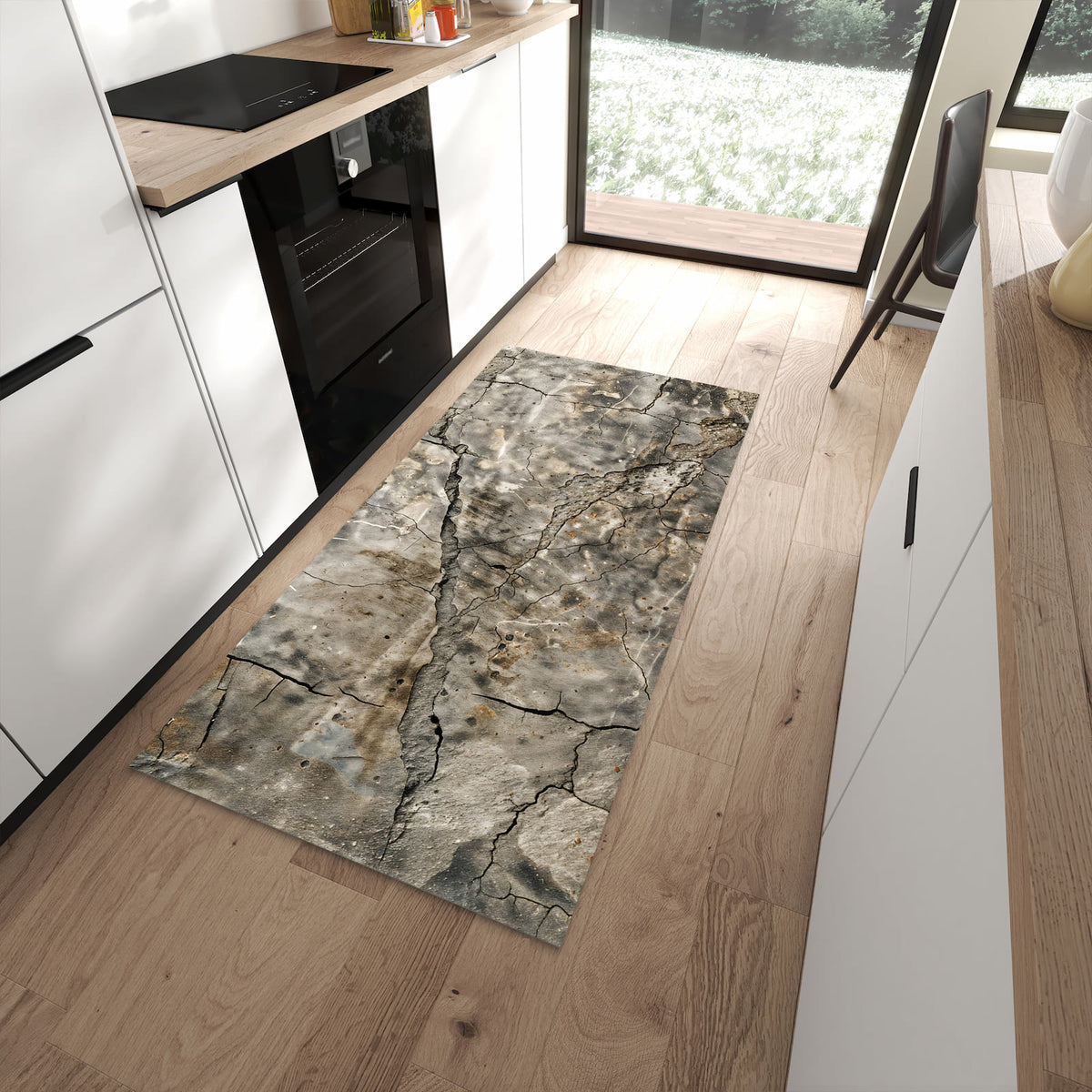 Fleckenresistenter waschbarer Teppich mit Motiv Rissige Oberfläche in moderner Küche