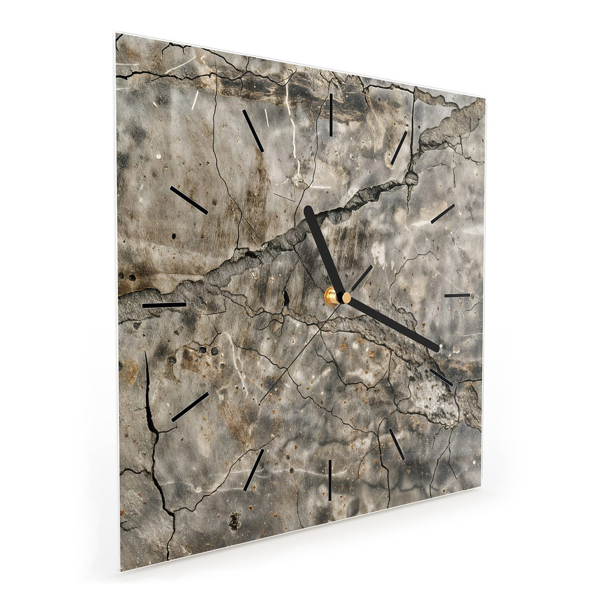Quadratische Wanduhr aus Glas Tiefe Risse im Stein schräg von der Seite, 4 mm starkes Glas