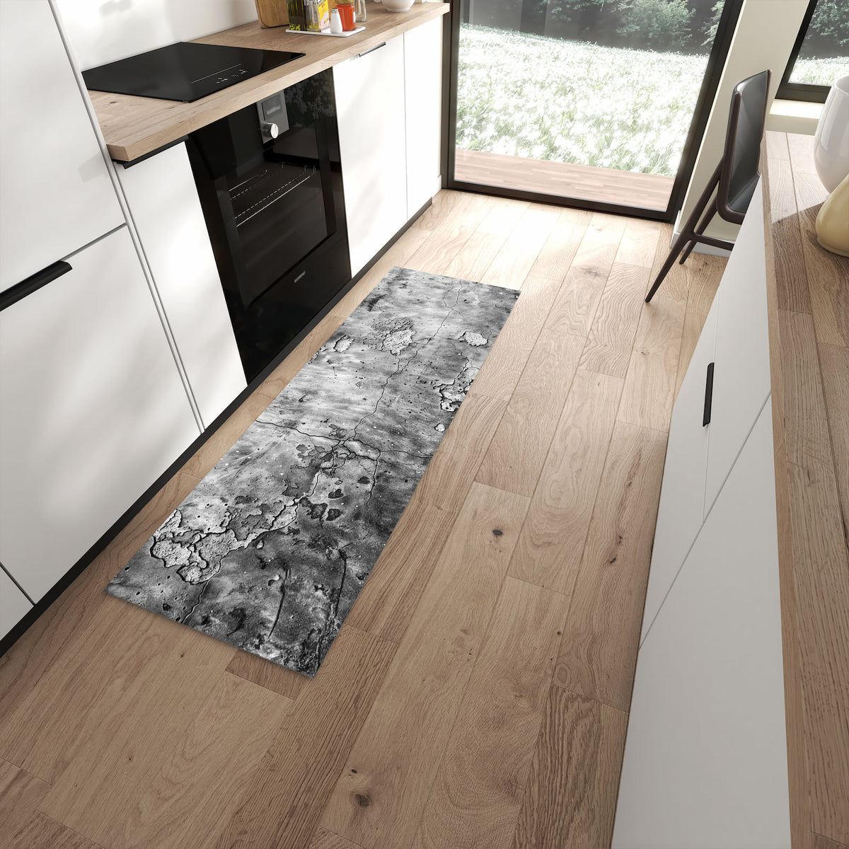Waschbarer Küchenläufer mit Motiv Abgenutzte Wand in moderner Küche