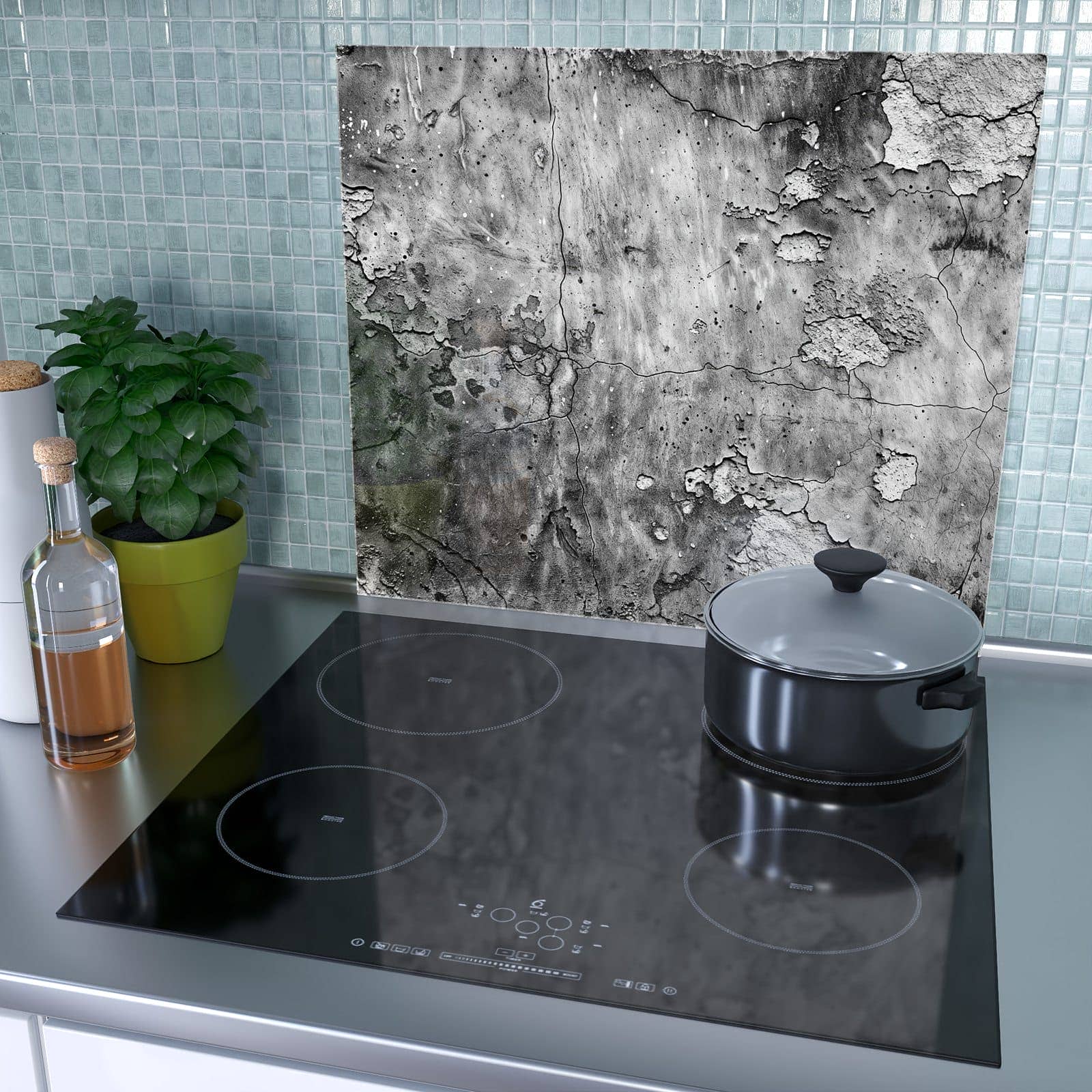 1-teilige Herdabdeckplatte mit Abgenutzte Wand-Motiv als Spritzschutz hinter dem Kochfeld
