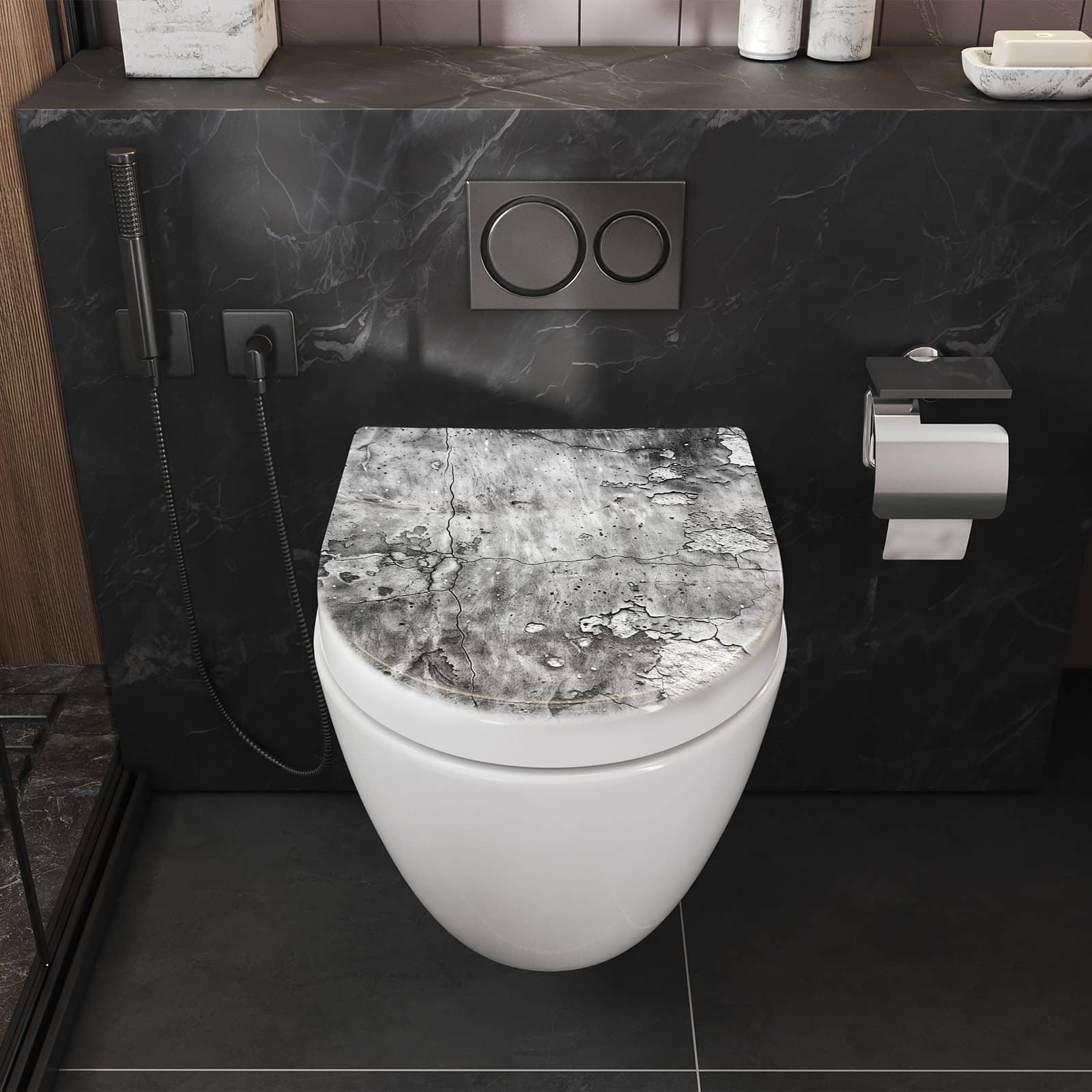Hygienischer WC-Aufsatz mit Motiv Abgenutzte Wand in Badezimmer perspektive von vorne