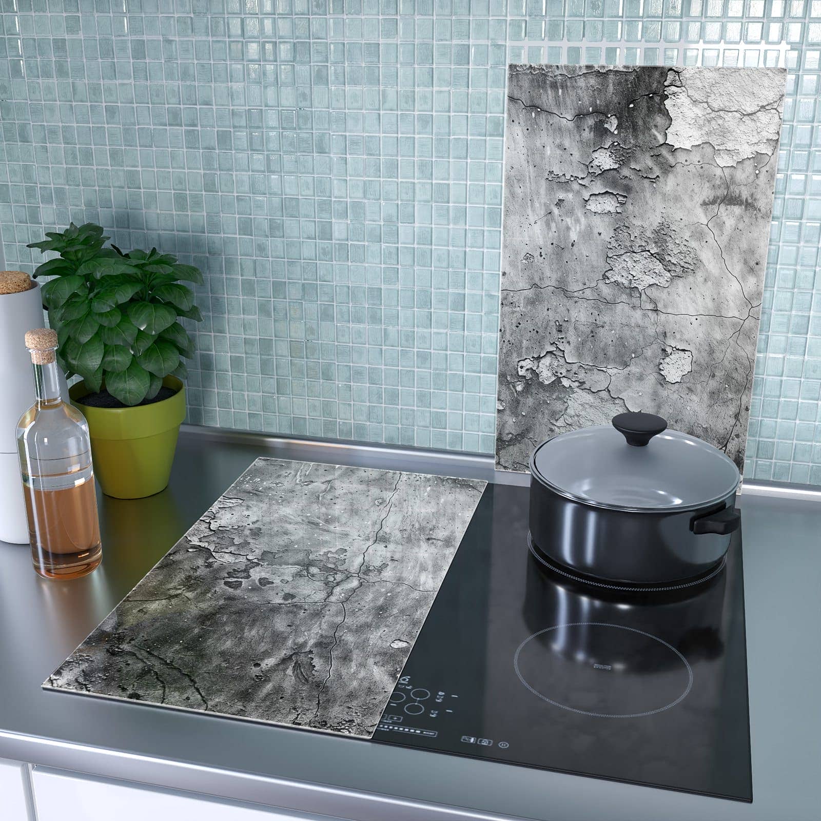 2-teilige Herdabdeckplatte aus Glas mit Abgenutzte Wand-Motiv als Spritzschutz hinter dem Kochfeld