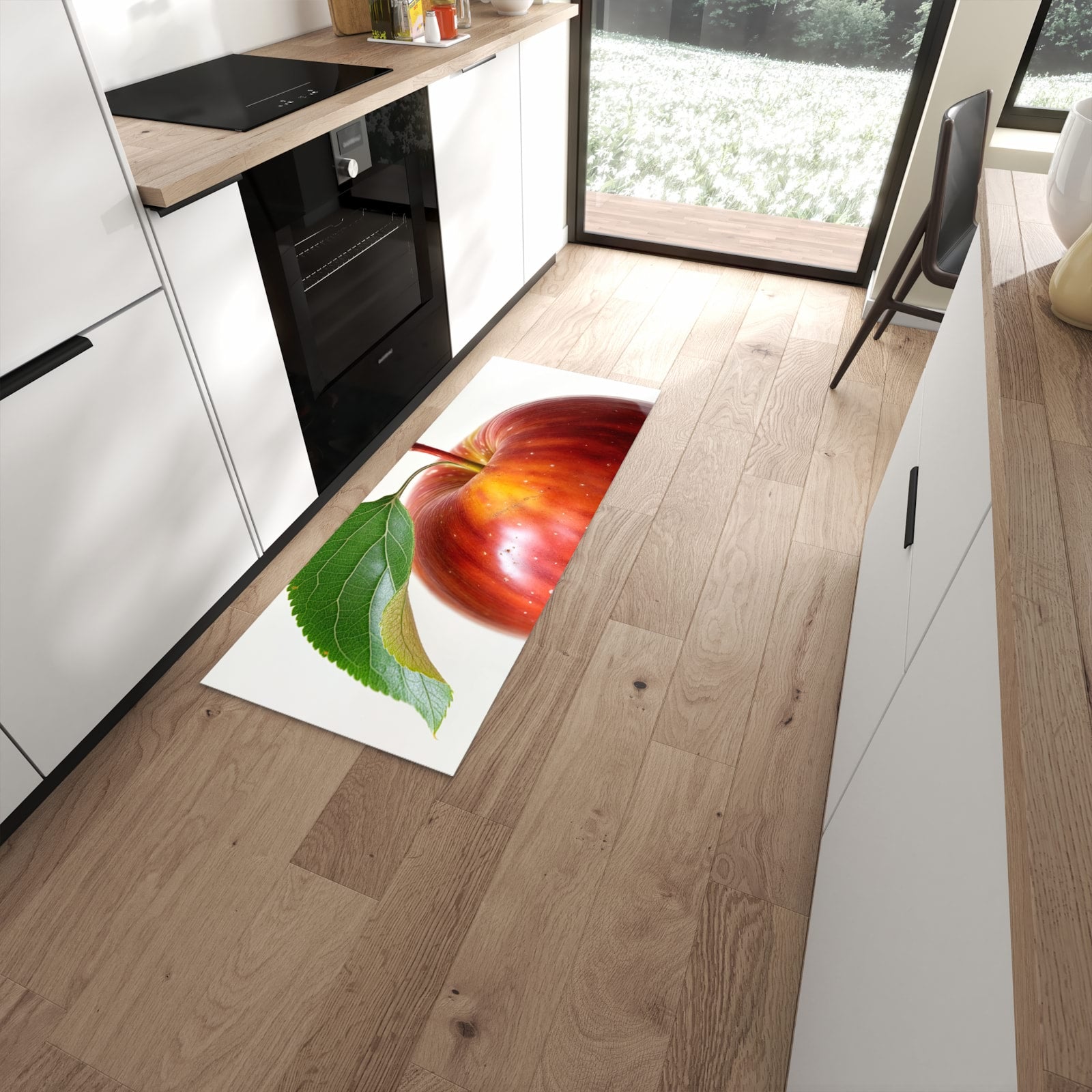 Rutschfester Küchenteppich mit Motiv Roter Apfel Mit Blatt für Trittkomfort in moderner Küche #grösse_60 x 150 cm