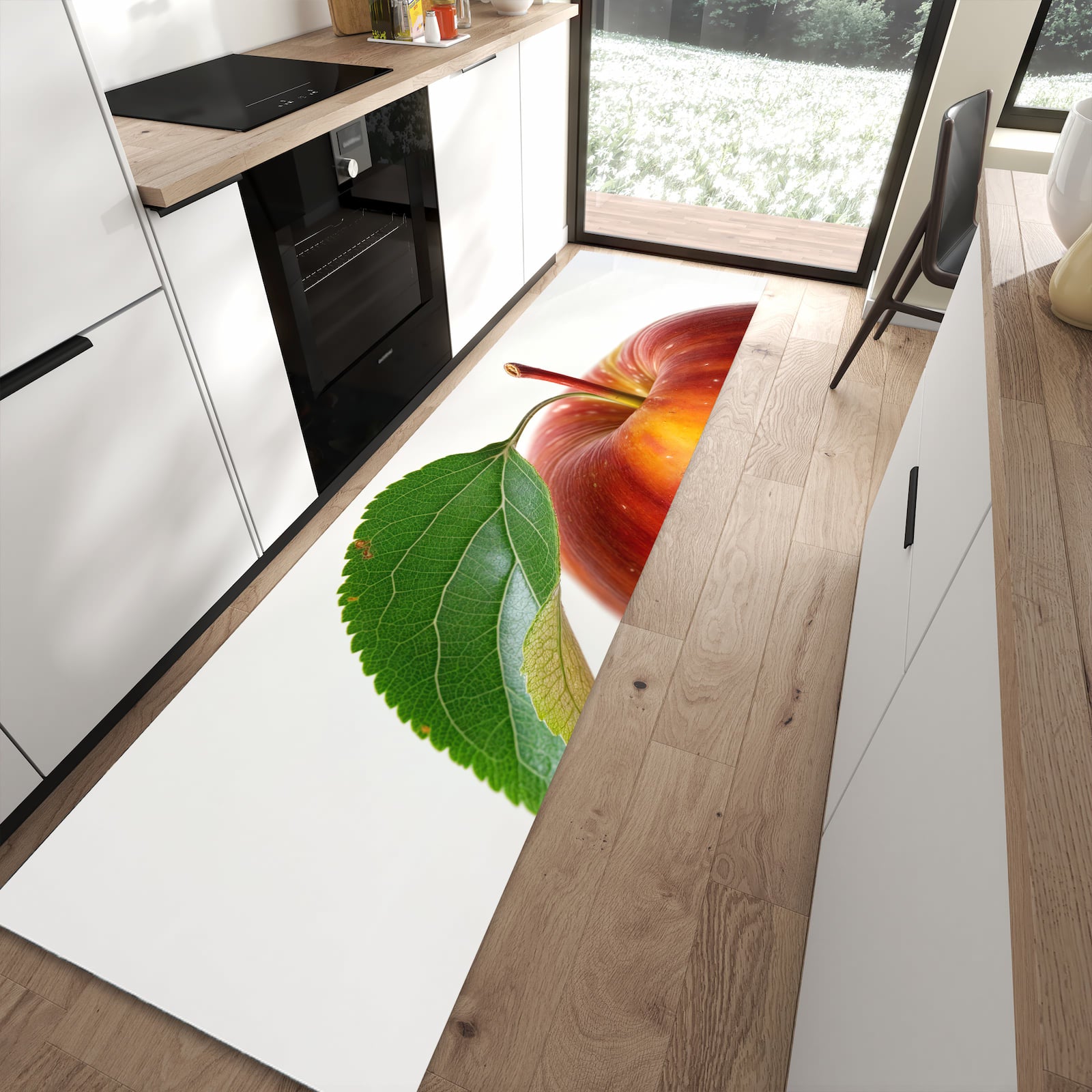 Rutschfester waschbarer Küchenteppich mit Motiv Roter Apfel Mit Blatt in moderner Küche