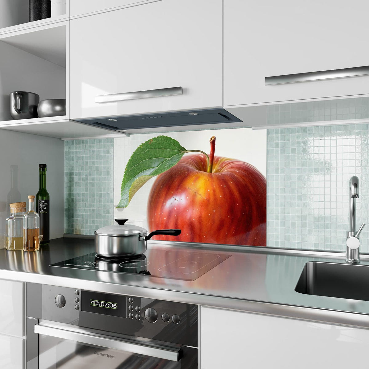 Küchenrückwand aus Glas Roter Apfel mit Blatt im Hochformat als Spritzschutz hinter dem Kochfeld, über dem Fliesenspiegel montiert