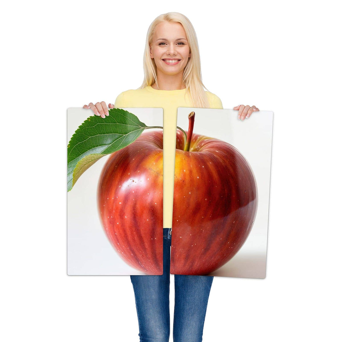 2-teilige Herdabdeckung für Induktionsfeld mit Roter Apfel Mit Blatt-Motiv wird zur Größendarstellung gehalten