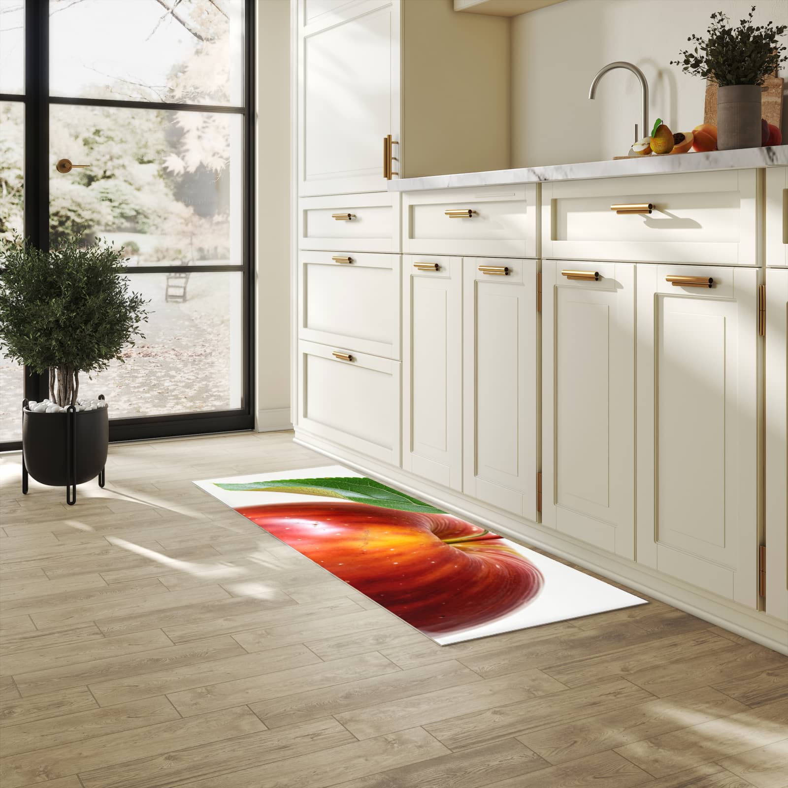 Bodenschonender Bodenläufer-Teppich mit Motiv Roter Apfel Mit Blatt in heller Küche