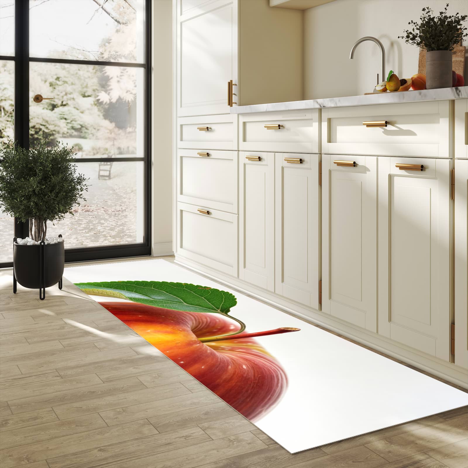 Abriebfester großer Küchenteppich mit Motiv Roter Apfel Mit Blatt in heller Küche