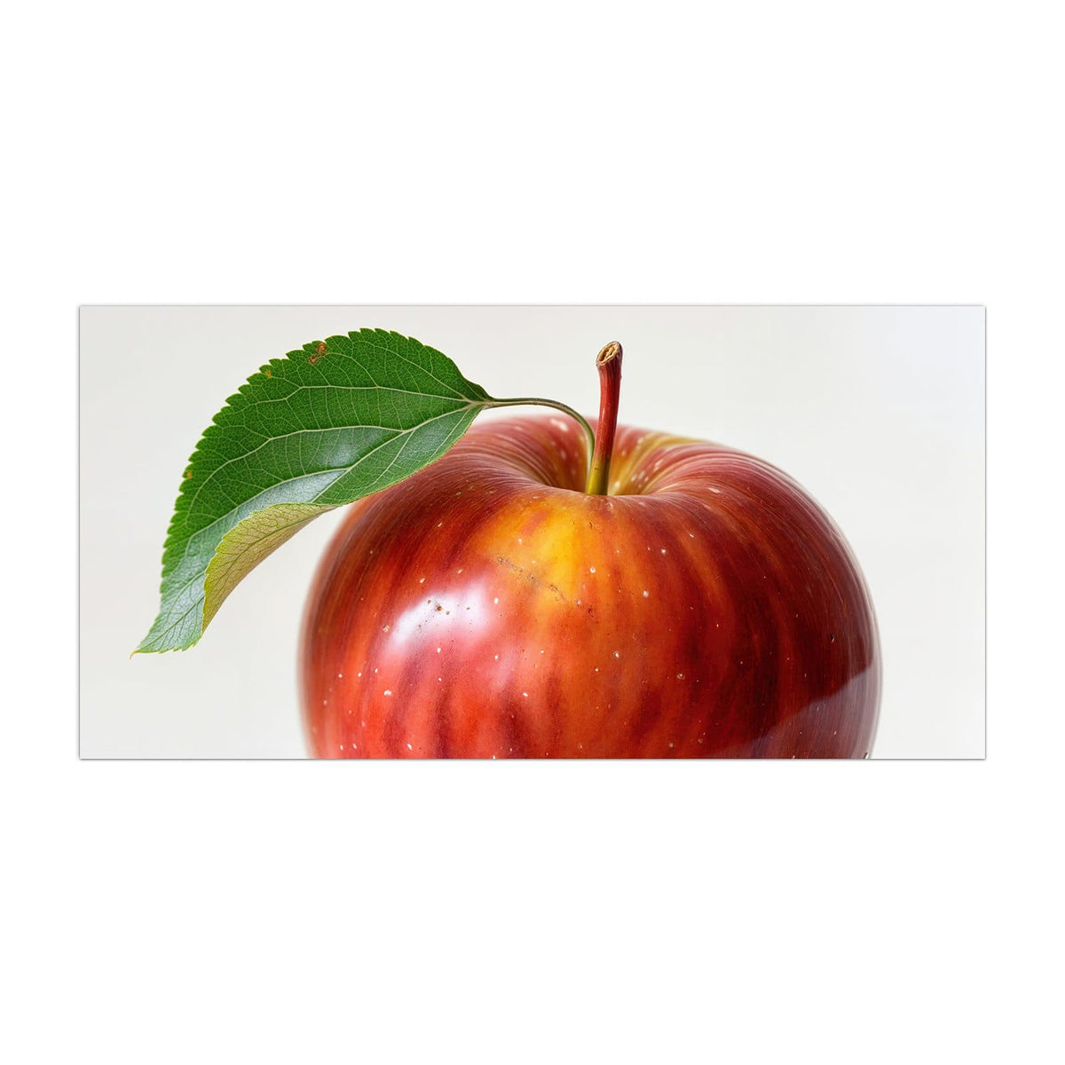 Küchenrückwand aus Glas Roter Apfel mit Blatt im Hochformat, Motiv bildfüllend von vorn