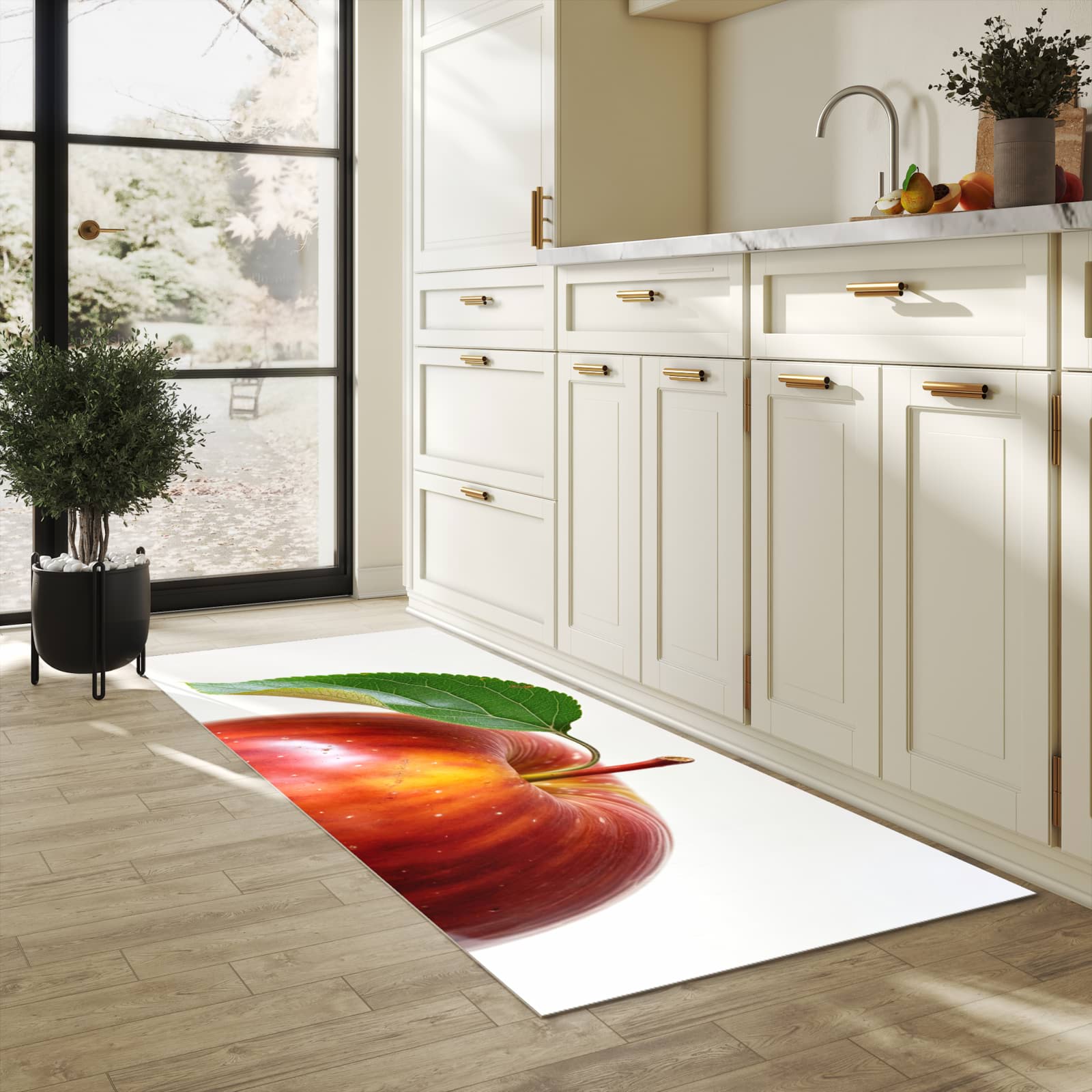 Waschbarer Küchenteppich mit Motiv Roter Apfel Mit Blatt für Trittkomfort in heller Küche
