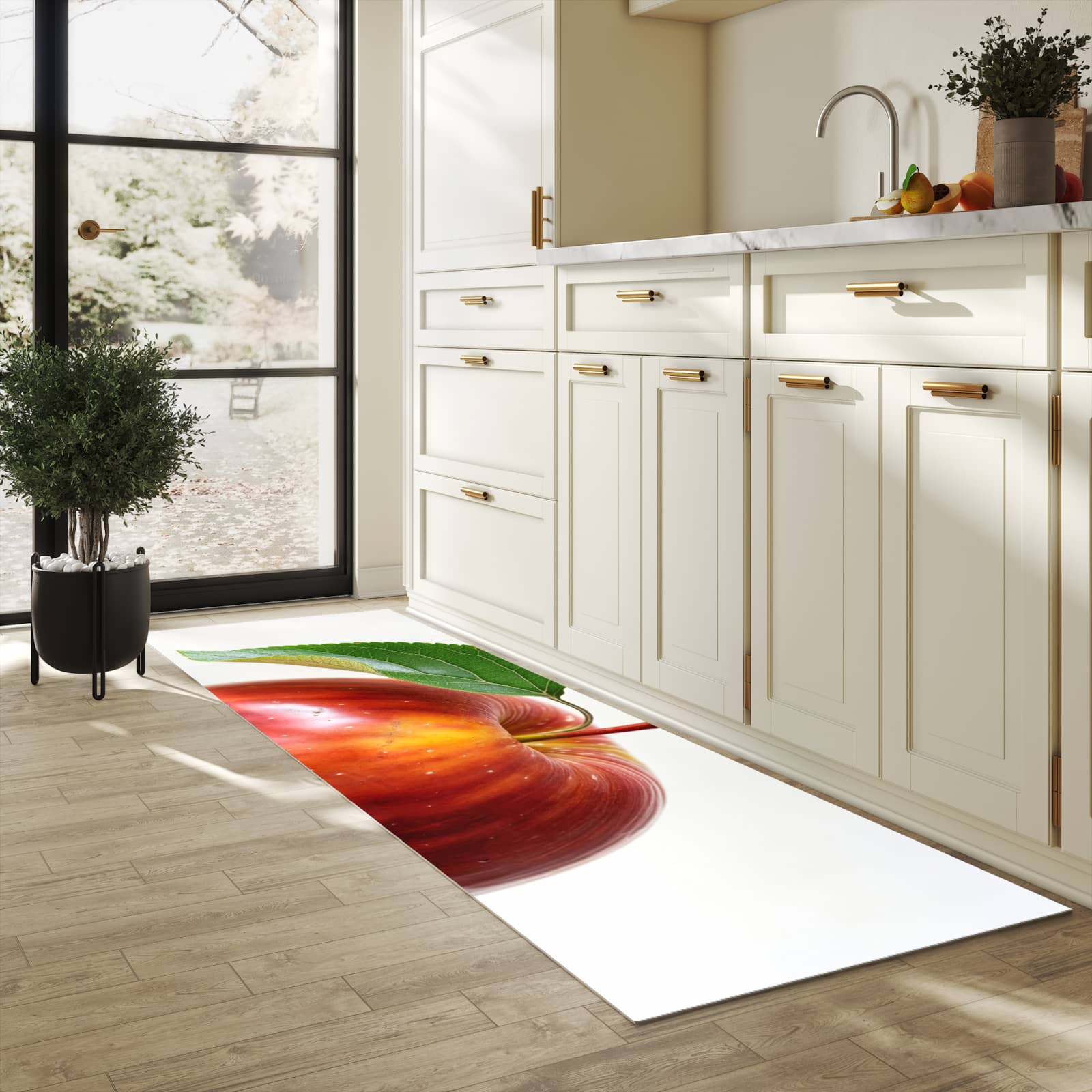 Geräuschdämpfender waschbarer Küchenteppich mit Motiv Roter Apfel Mit Blatt in heller Küche