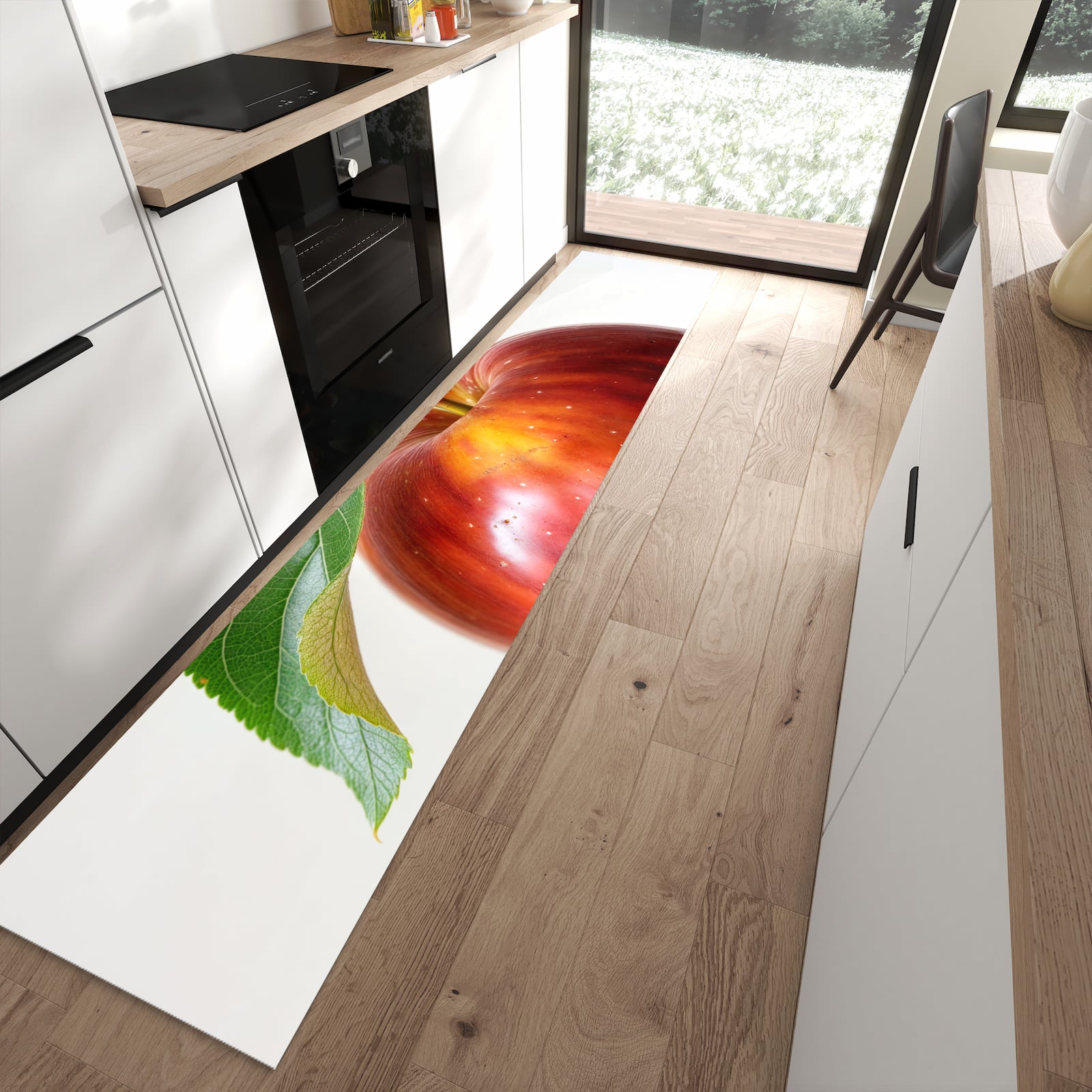 Geruchsneutraler waschbarer Küchenteppich mit Motiv Roter Apfel Mit Blatt in moderner Küche