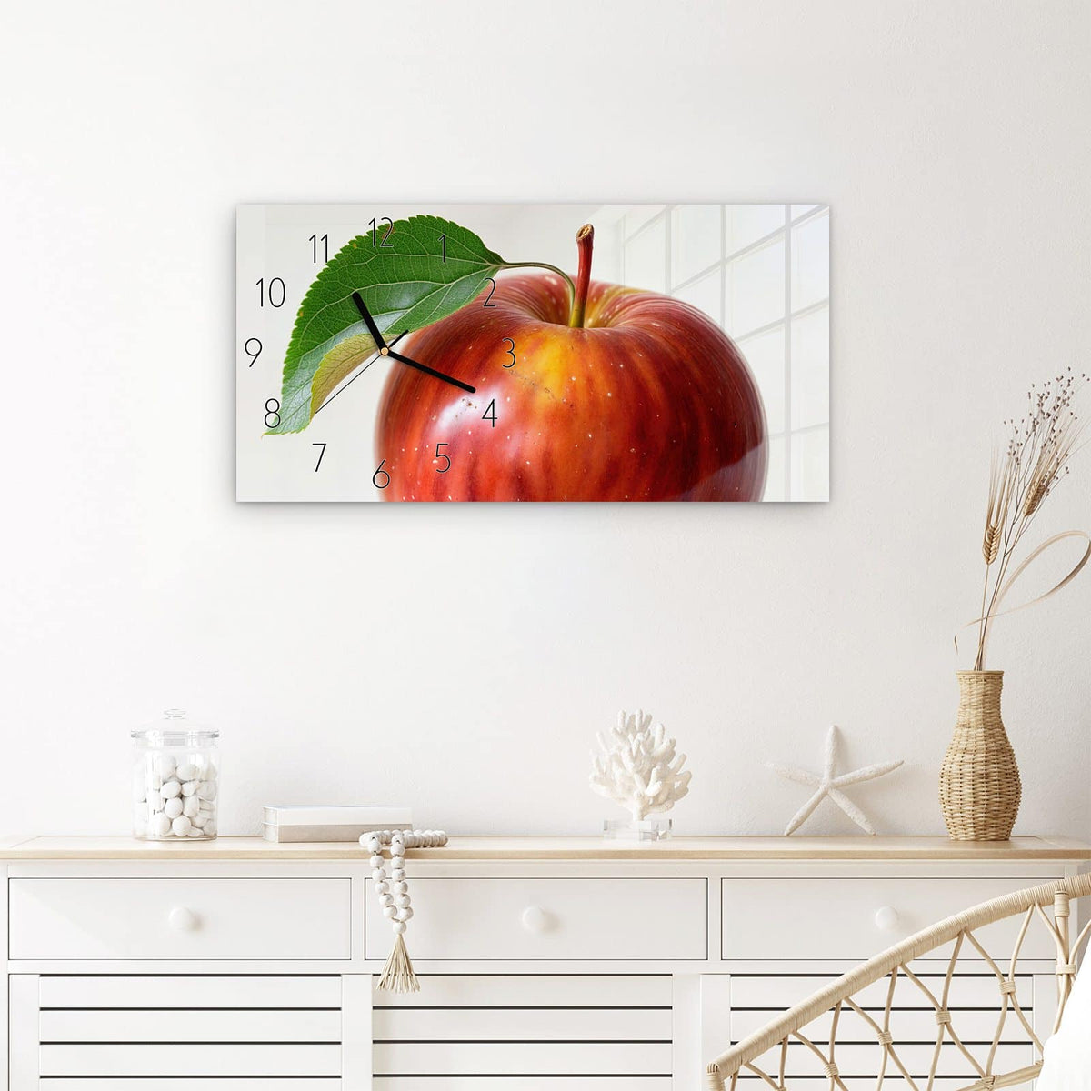 Wanduhr Roter Apfel Mit Blatt aus Glas – Querformat 60 × 30 cm – Glänzender Apfel mit grünem Blatt