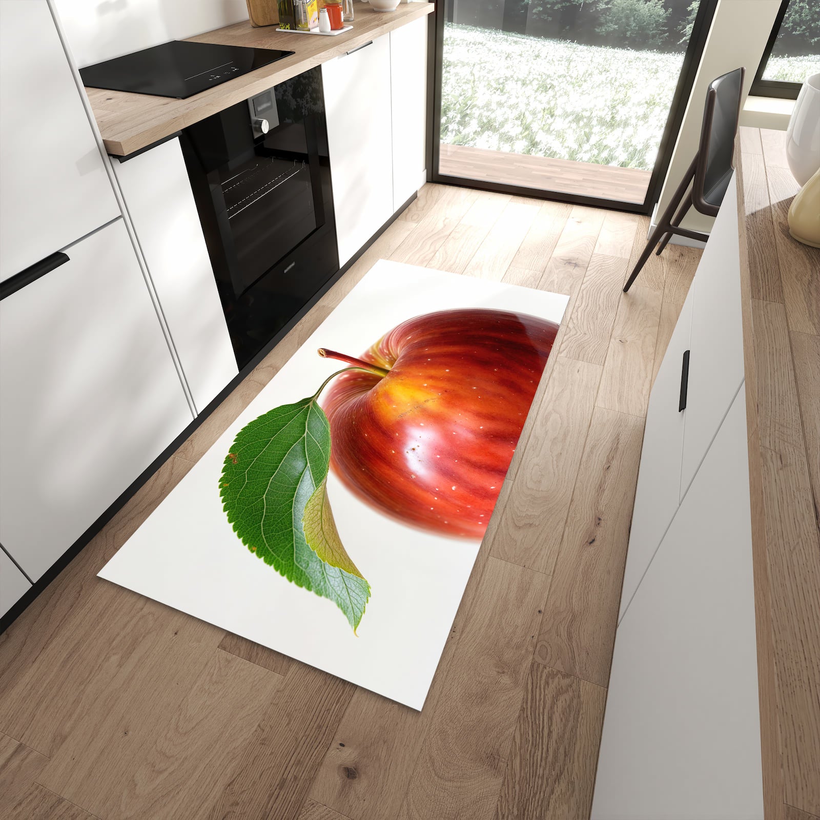 Pflegeleichter großer Küchenteppich mit Motiv Roter Apfel Mit Blatt in moderner Küche