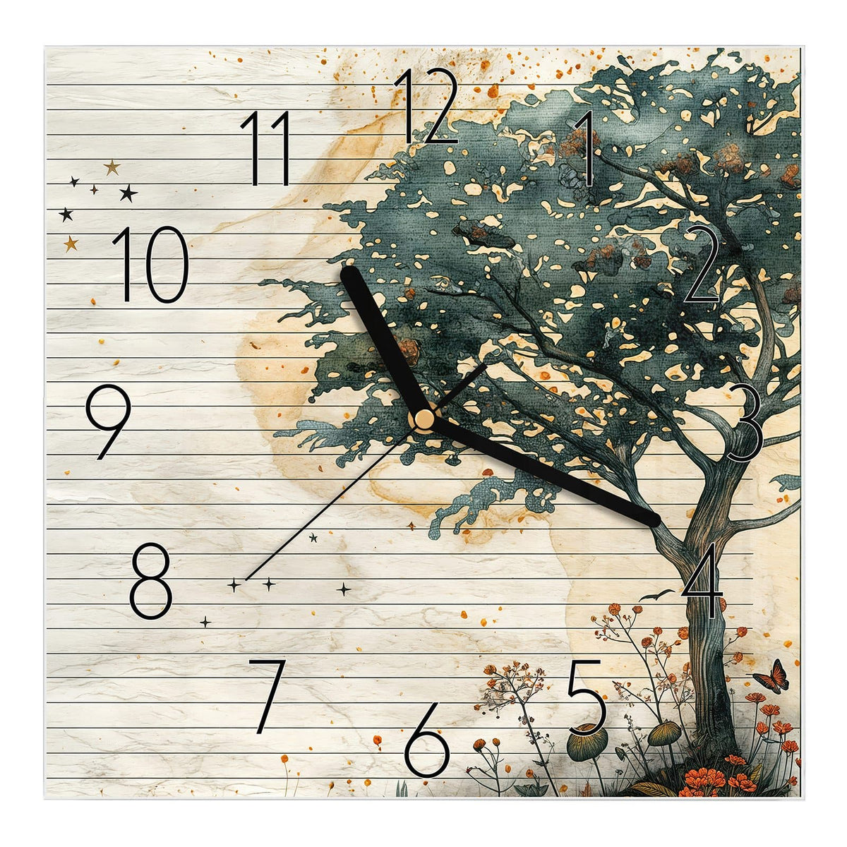 Wanduhr aus Glas, Ziffernblatt Elegant mit Motiv Baum auf Papier: Gemalter Baum mit Blumen und Schmetterling auf liniertem #ziffernblatt_Elegant