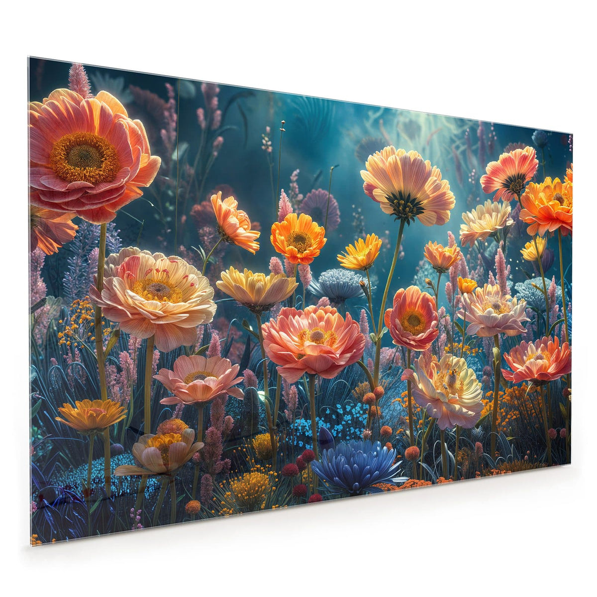 Küchenrückwand aus Glas im Hochformat mit Motiv Bunte Blütenwiese: Dicht gemaltes Blumenbeet in Orange, Rosa, Gelb und Blau vor dunkelblauem Grund.