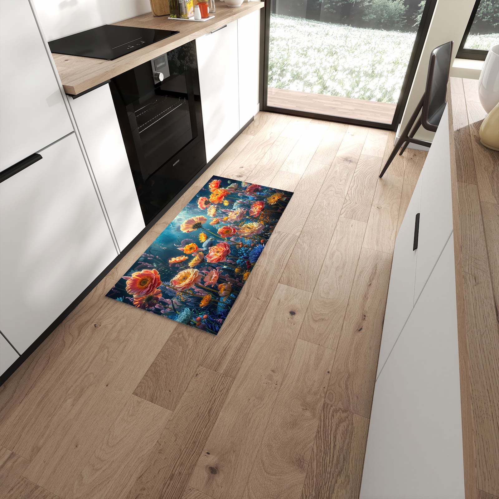 Wasserabweisender Küchenteppich mit Motiv Blumengarten in moderner Küche #grösse_60 x 120 cm
