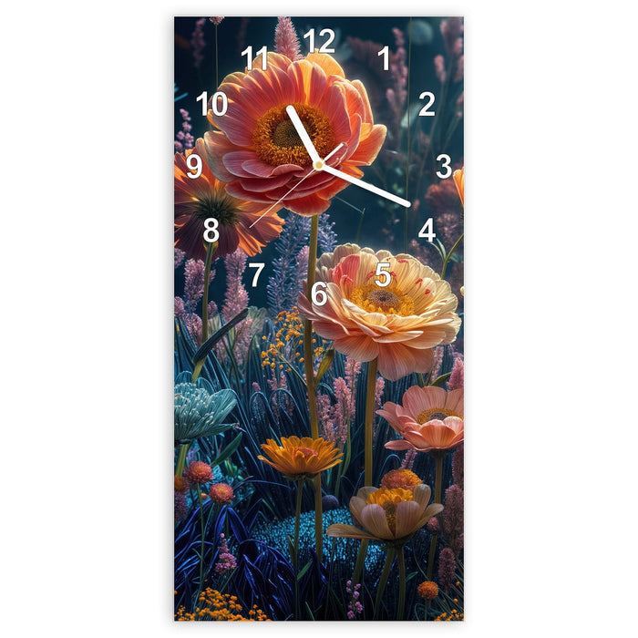 Wanduhr Blumengarten aus Glas – Hochformat 30 × 60 cm mit Ziffernblatt Modern