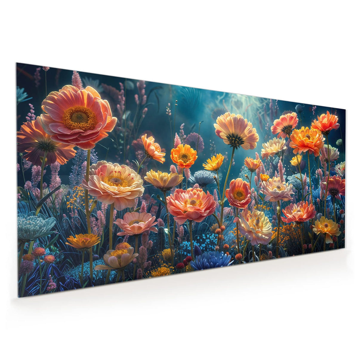 Küchenrückwand aus Glas im Hochformat mit Motiv Bunte Blütenwiese: Dicht gemaltes Blumenbeet in Orange, Rosa, Gelb und Blau vor dunkelblauem Grund.