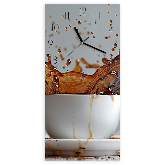 Wanduhr Kaffeeexplosion aus Glas – Hochformat 30 × 60 cm mit Ziffernblatt Elegant
