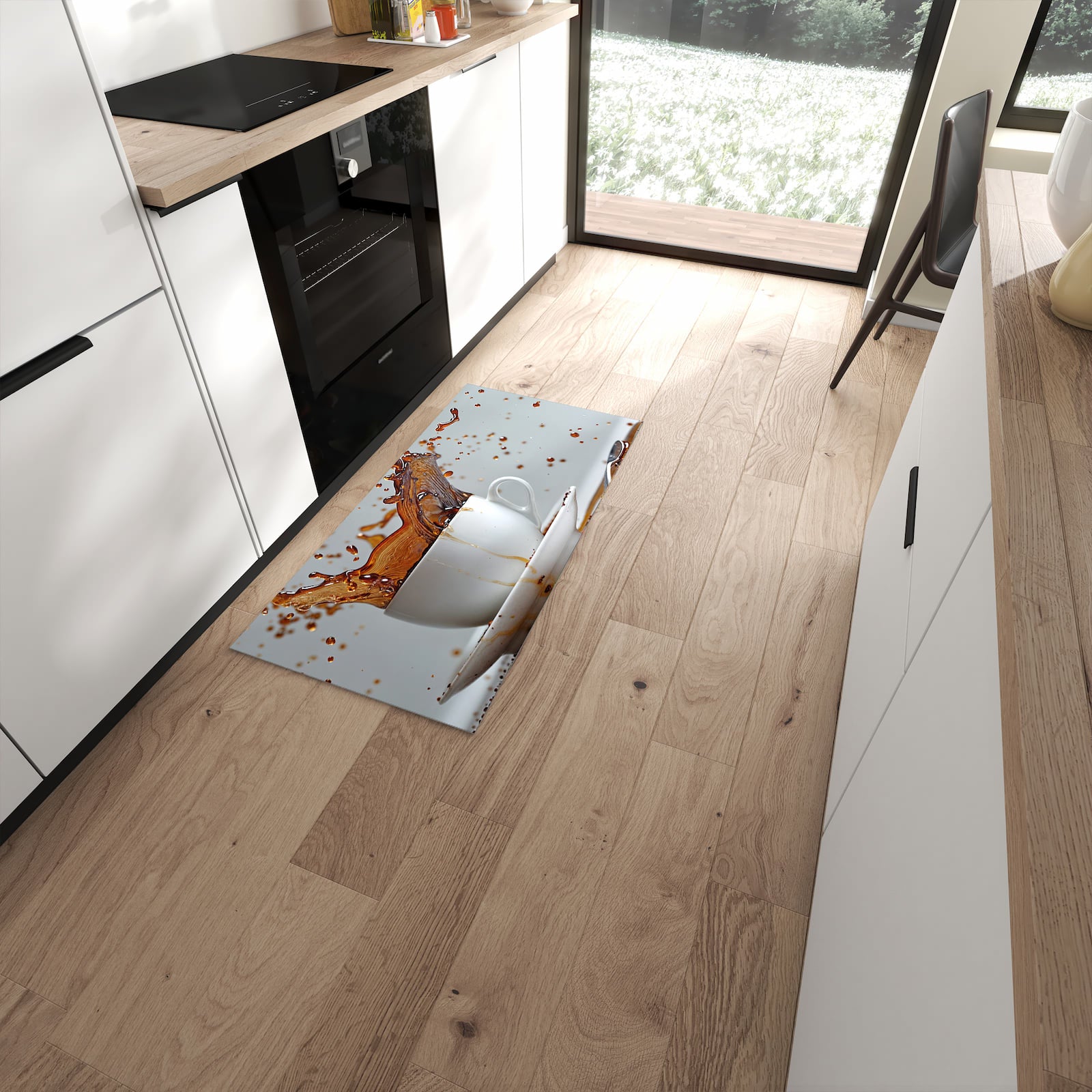 Rutschfester Küchenläufer mit Motiv Kaffeeexplosion in moderner Küche #grösse_60 x 120 cm