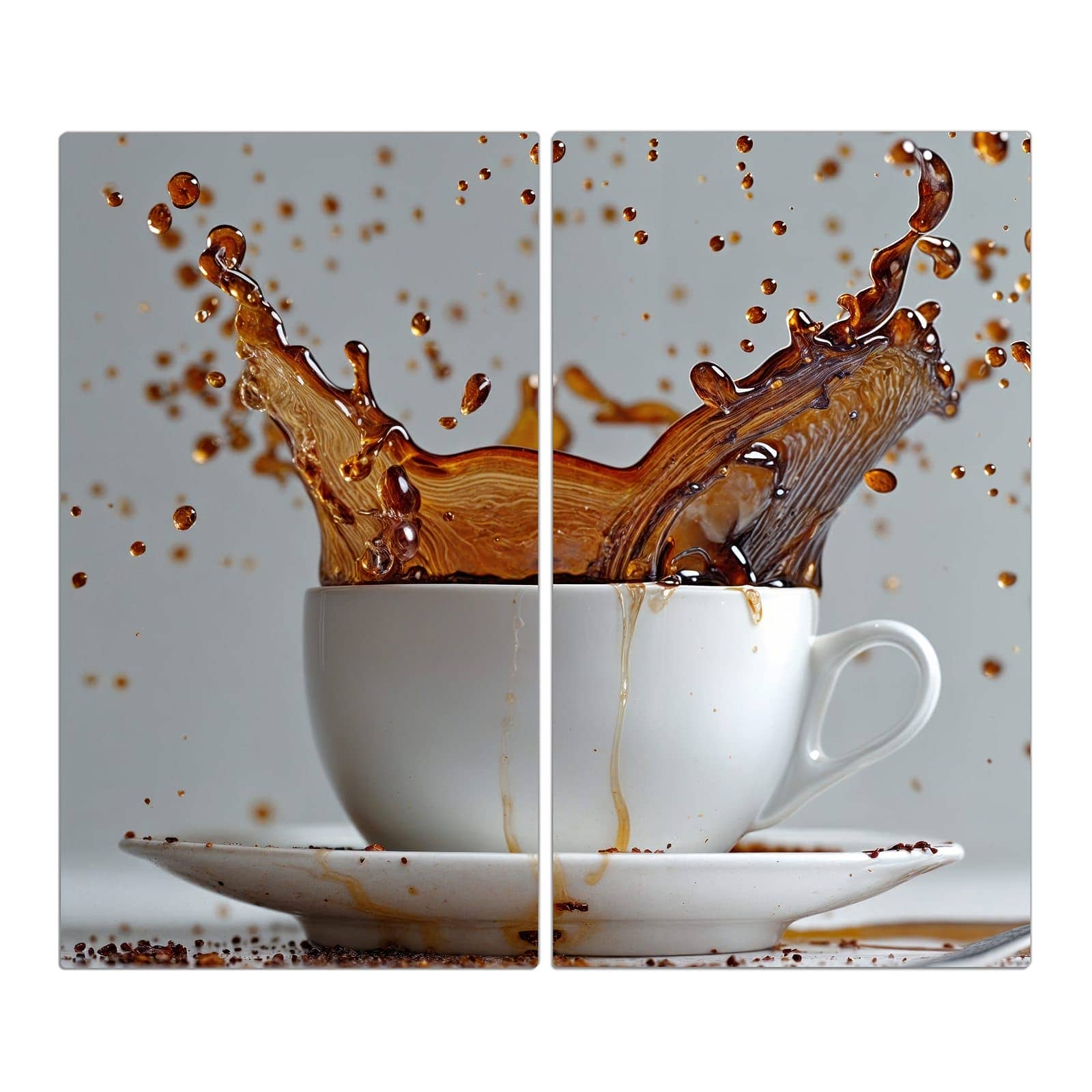 2-teilige Herdabdeckplatte aus Glas mit Kaffeeexplosion-Motiv in der Frontansicht