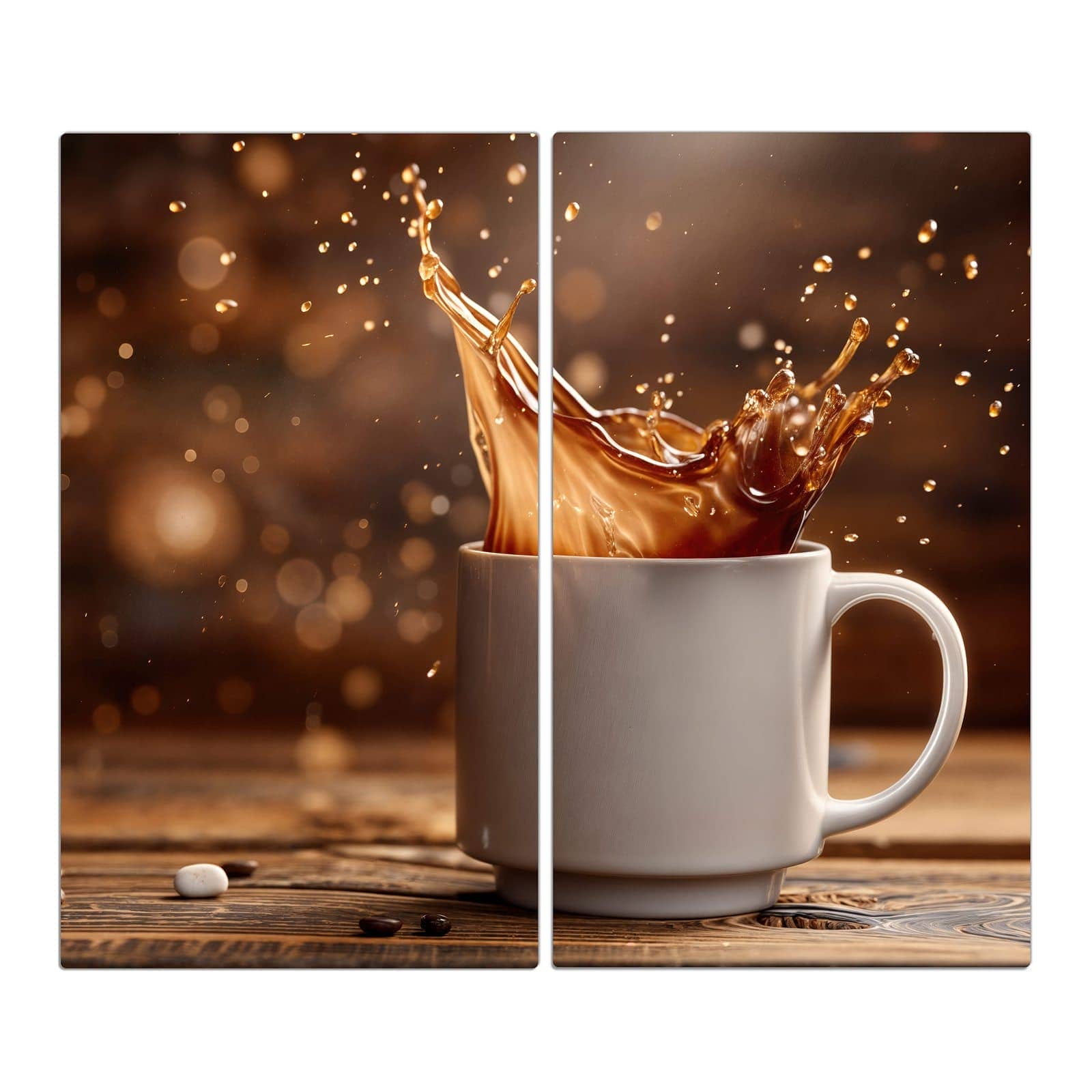 2-teilige Herdabdeckung aus Holz mit Kaffee Spritzer-Motiv in der Frontansicht