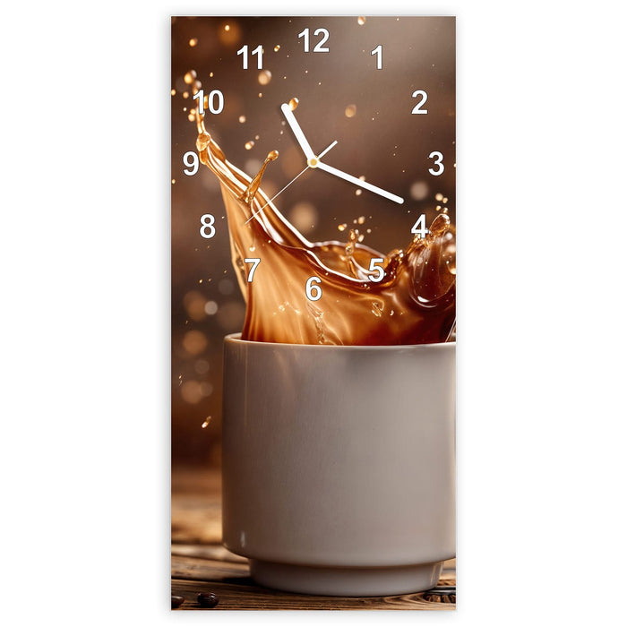 Wanduhr Kaffee Spritzer aus Glas – Hochformat 30 × 60 cm mit Ziffernblatt Modern