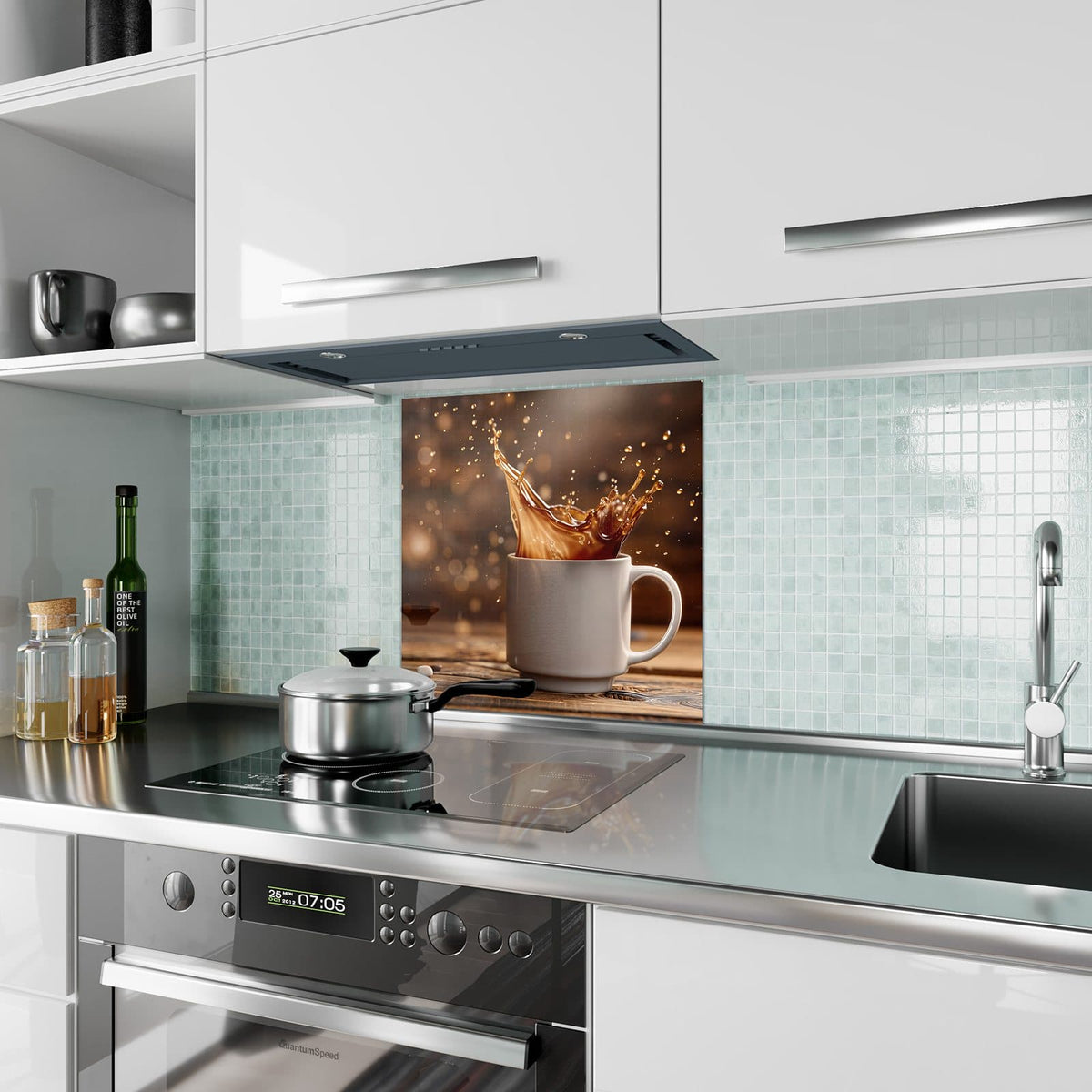 Küchenrückwand aus Glas Goldene Kaffeewelle im quadratischen Format als Spritzschutz hinter dem Kochfeld, über dem Fliesenspiegel montiert