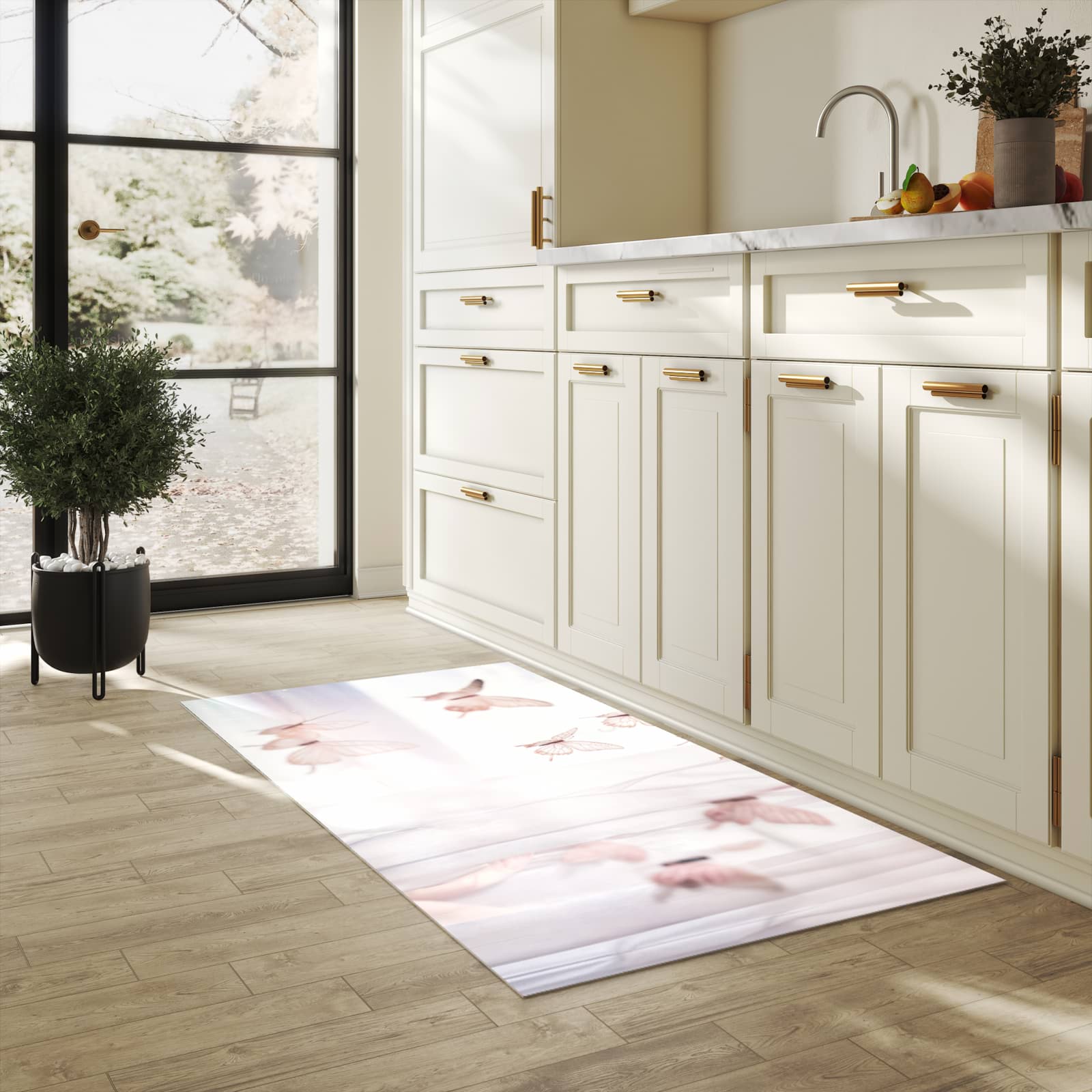 Rutschfester Teppich für Esstisch mit Motiv Schmetterlinge Vorhangsins in heller Küche