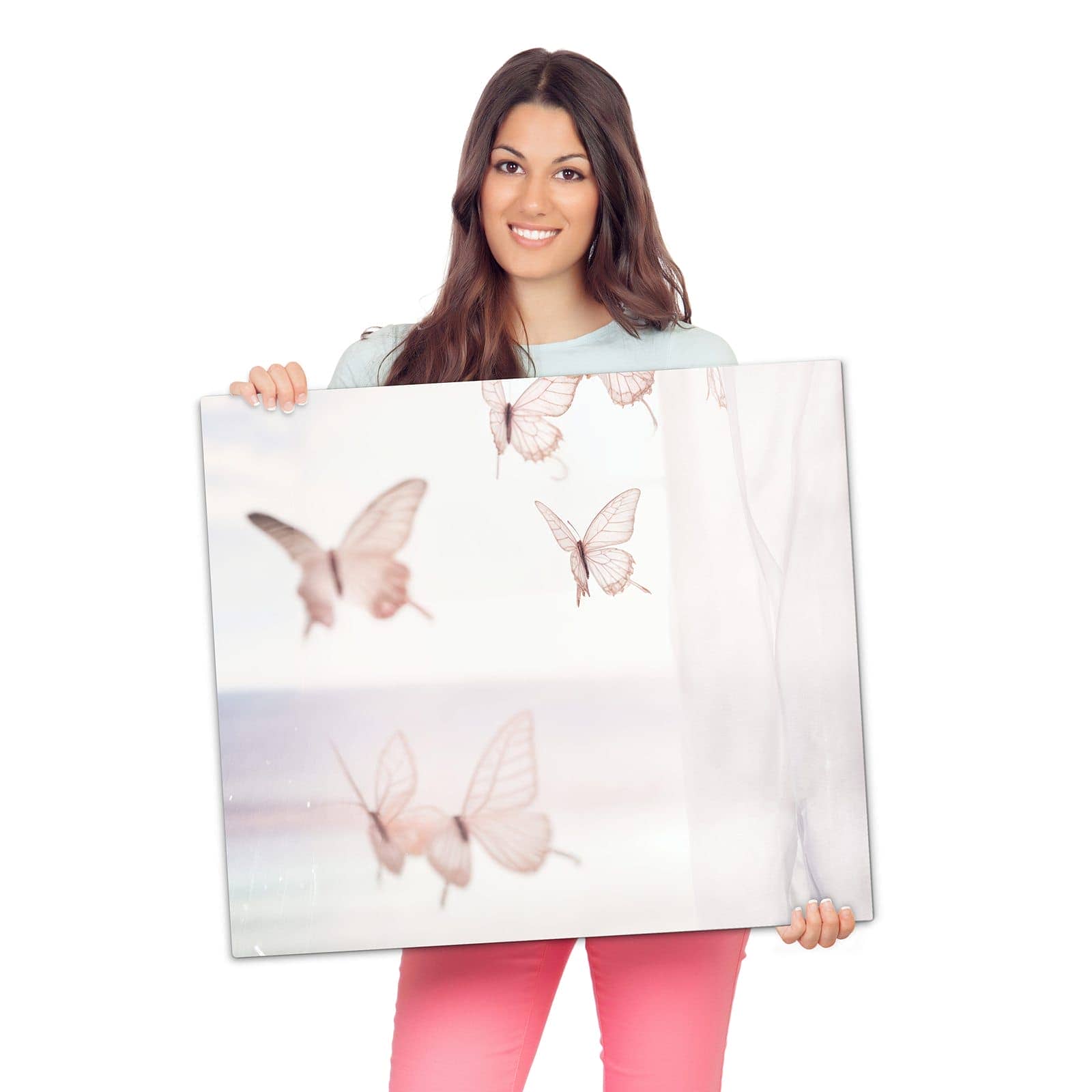 Herdabdeckplatte für Ceranfeld mit Schmetterlinge Vorhangsins-Motiv wird zur Größendarstellung gehalten