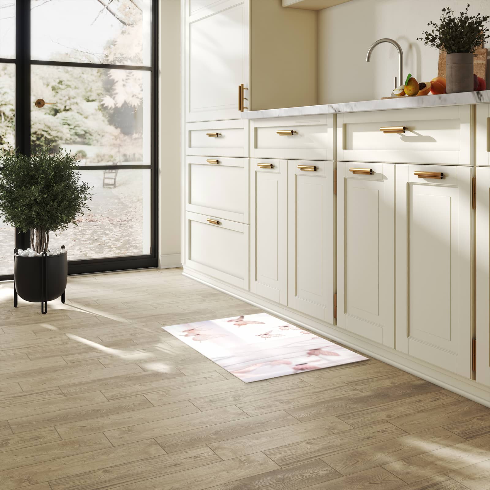 Geruchsneutraler rutschfester Läufer mit Motiv Schmetterlinge Vorhangsins in heller Küche