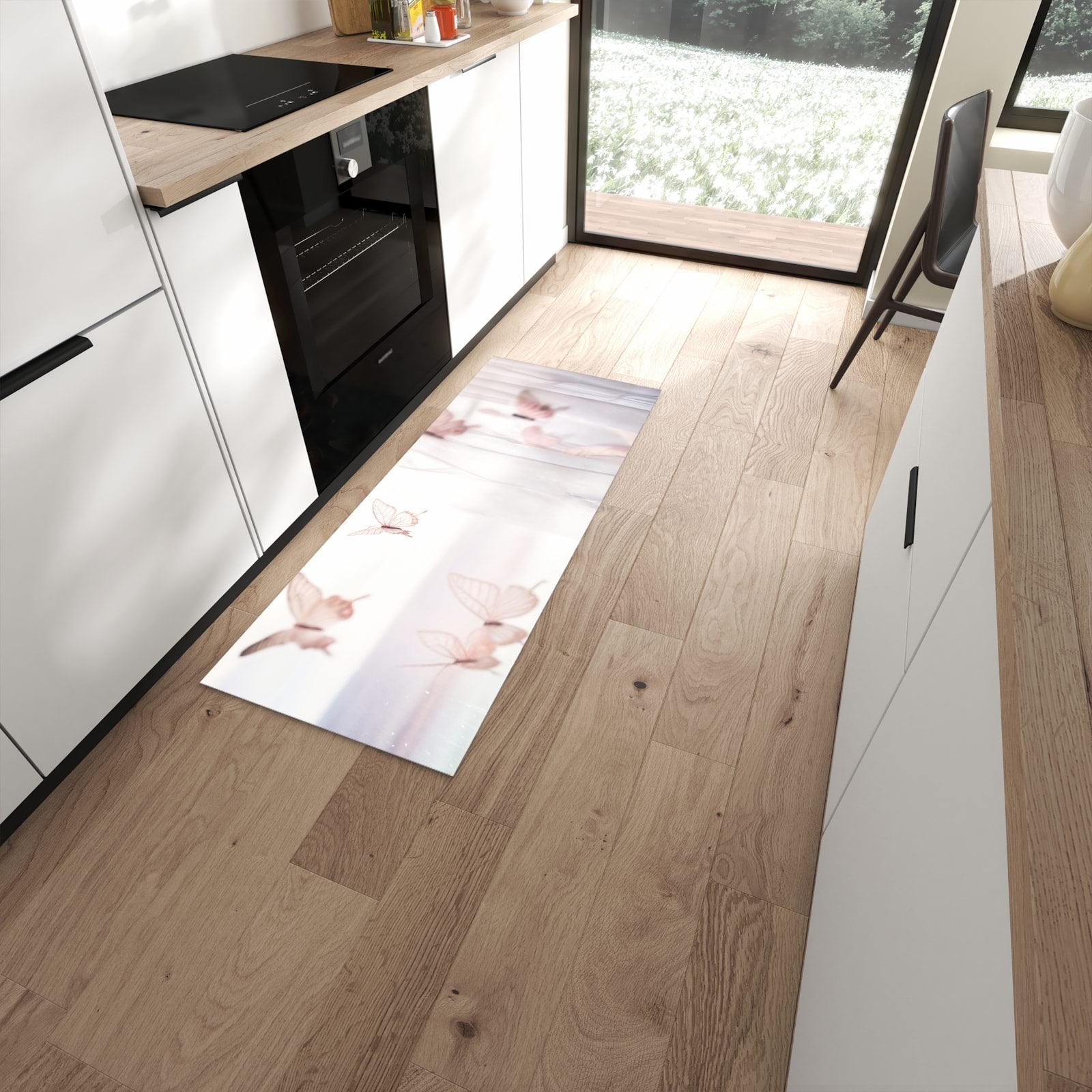 Ordnungsschaffender Teppichläufer mit Motiv Schmetterlinge Vorhangsins in moderner Küche #grösse_60 x 150 cm