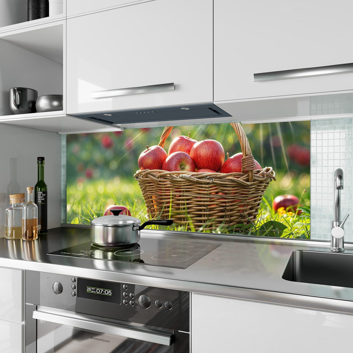 Küchenrückwand aus Glas Korb mit roten Äpfeln im Hochformat als Spritzschutz hinter dem Kochfeld, über dem Fliesenspiegel montiert