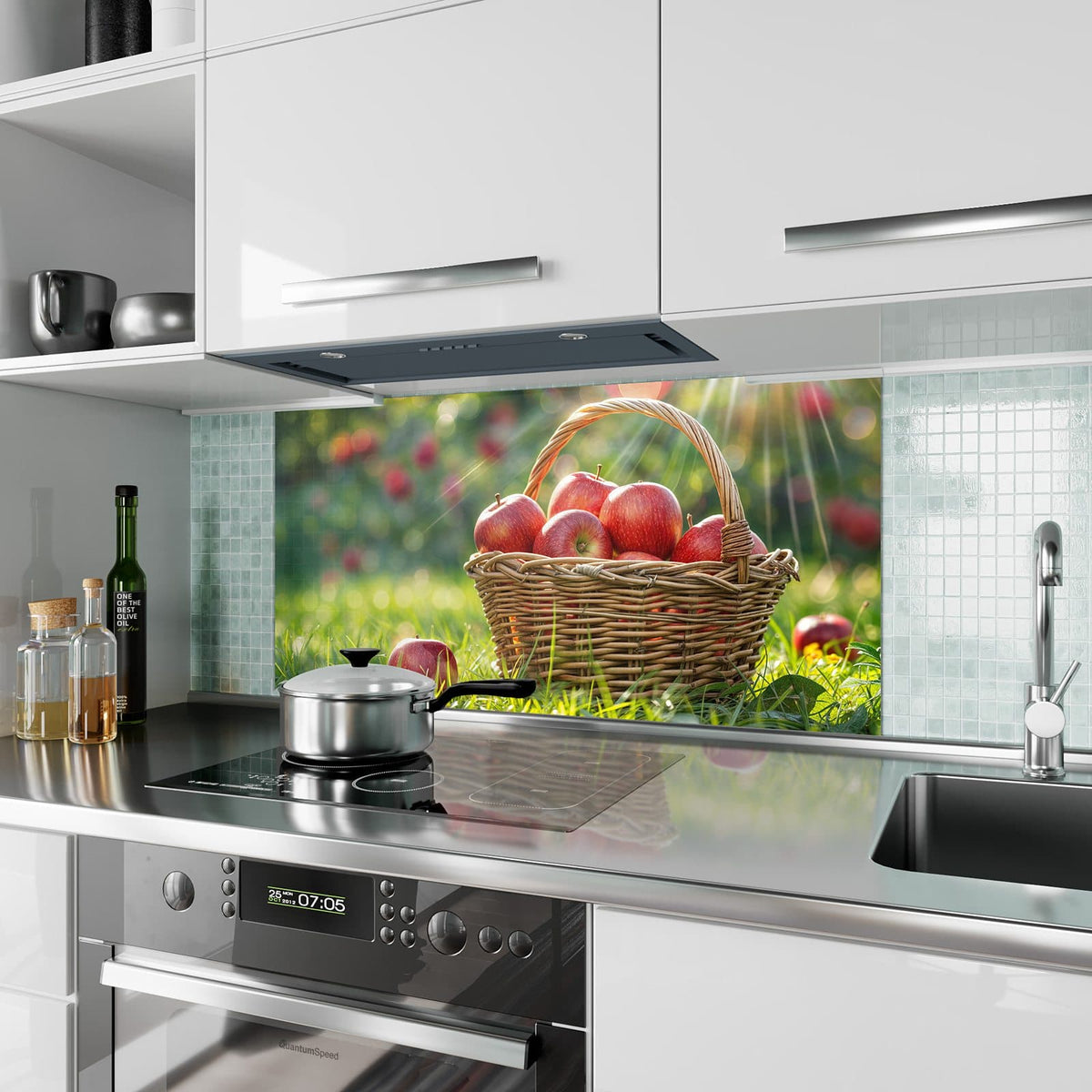 Küchenrückwand aus Glas Korb mit roten Äpfeln im Hochformat als Spritzschutz hinter dem Kochfeld, über dem Fliesenspiegel montiert