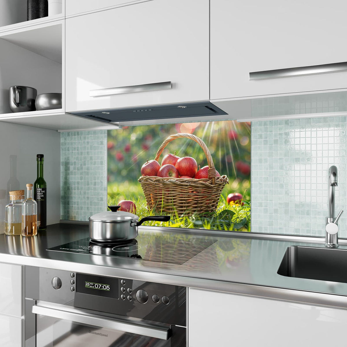 Küchenrückwand aus Glas Korb mit roten Äpfeln im Hochformat als Spritzschutz hinter dem Kochfeld, über dem Fliesenspiegel montiert