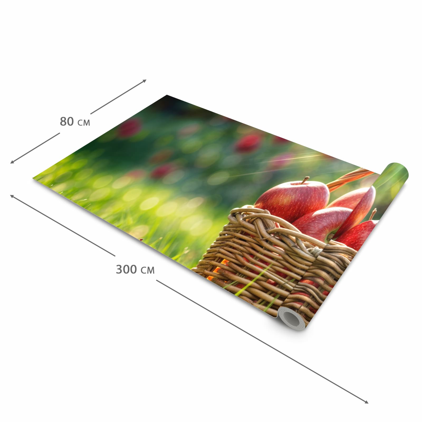 Rutschfester waschbarer Teppich fürs Esszimmer mit Motiv Korb mit roten Äpfeln in der Größe 60x300 cm