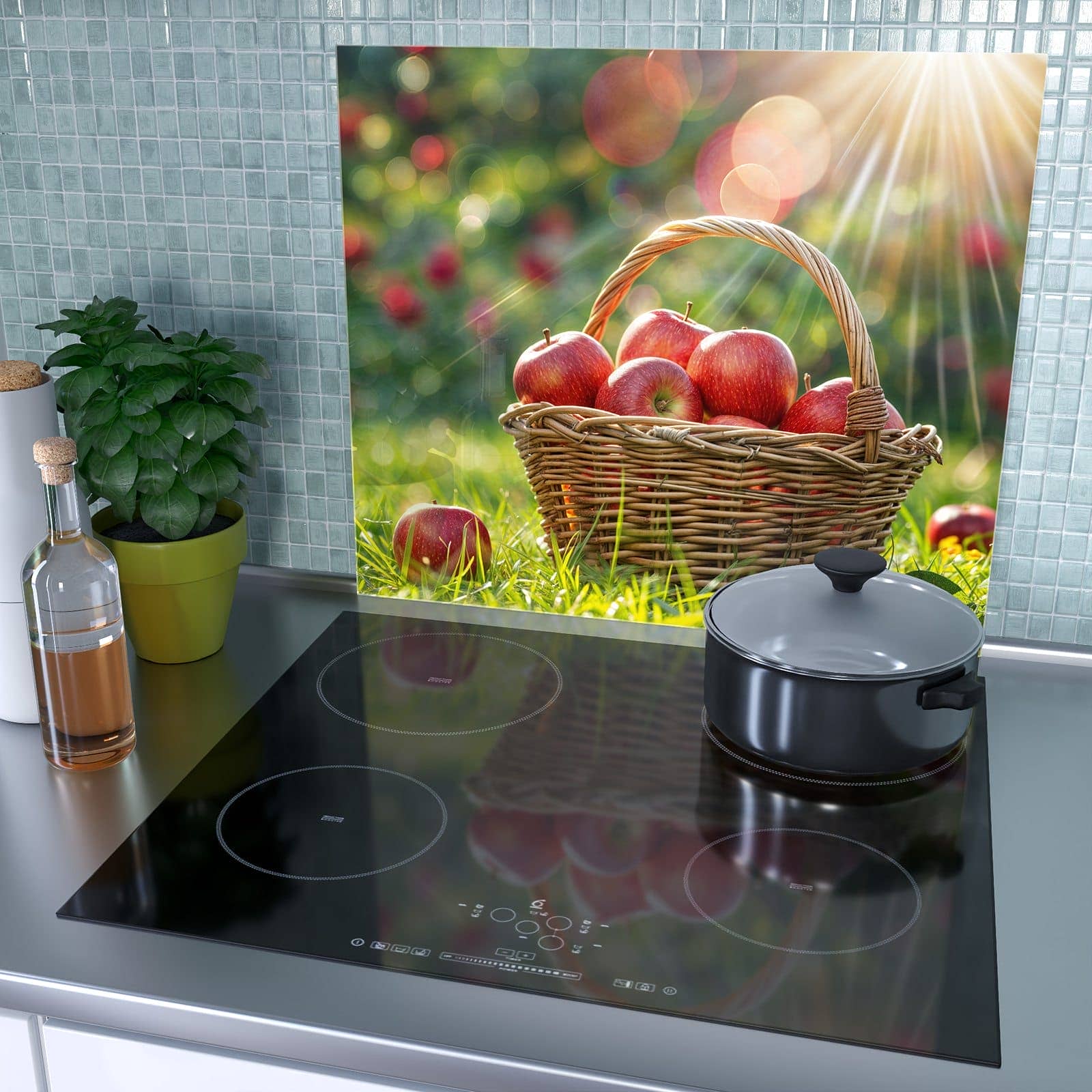 1-teilige Herdabdeckplatte aus Glas mit Korb mit roten Äpfeln-Motiv als Spritzschutz hinter dem Kochfeld