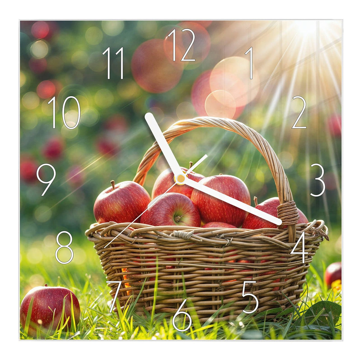 Wanduhr aus Glas, Ziffernblatt Elegant mit Motiv Korb mit roten Äpfeln: Weidenkorb voller roter Äpfel im Gras, Sonnenstrahlen durch die Bäume dahinter #ziffernblatt_Elegant
