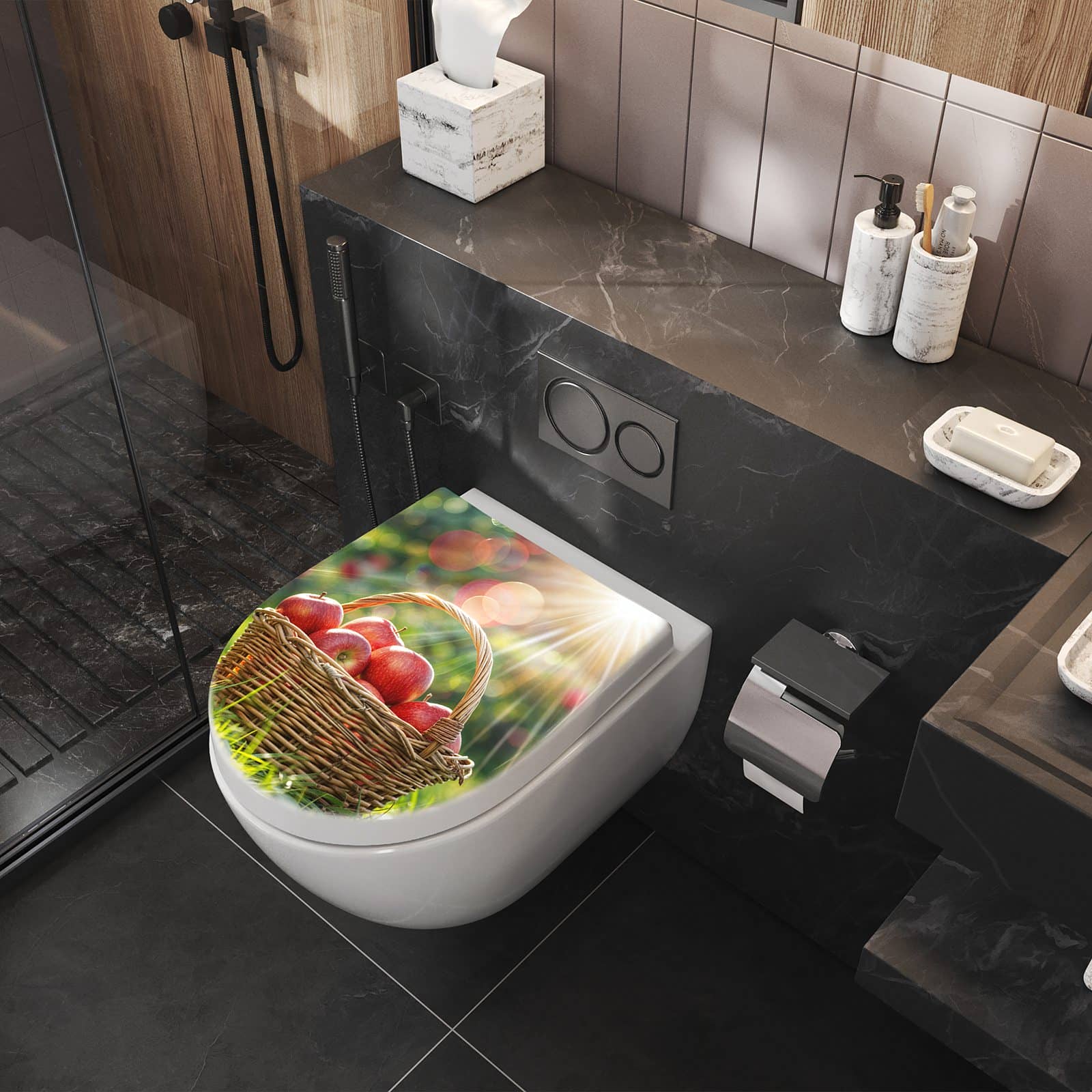 WC-Sitz mit Absenkautomatik Korb mit roten Äpfeln