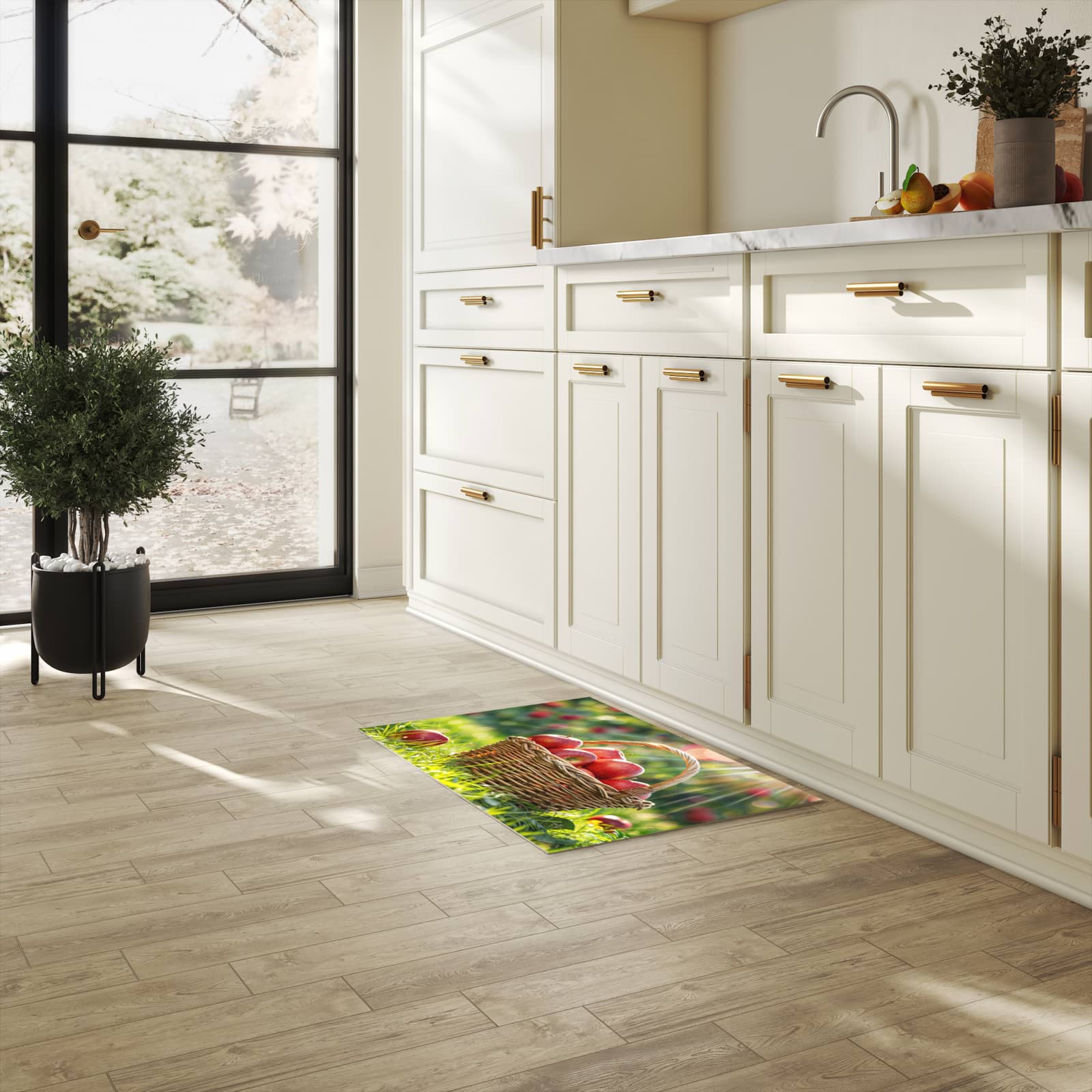 Läufer für die Küche mit Motiv Korb mit roten Äpfeln in heller Küche für Ordnung