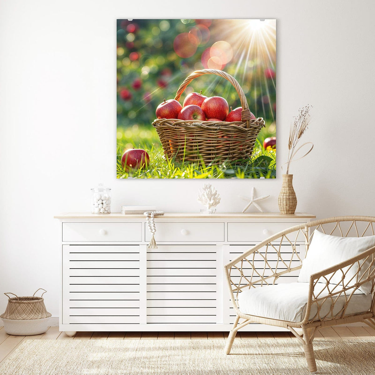 Glasbild Korb mit roten Äpfeln an der Wand – Weidenkorb voller roter Äpfel im Gras, Sonnenstrahlen durch die Bäume dahinter
