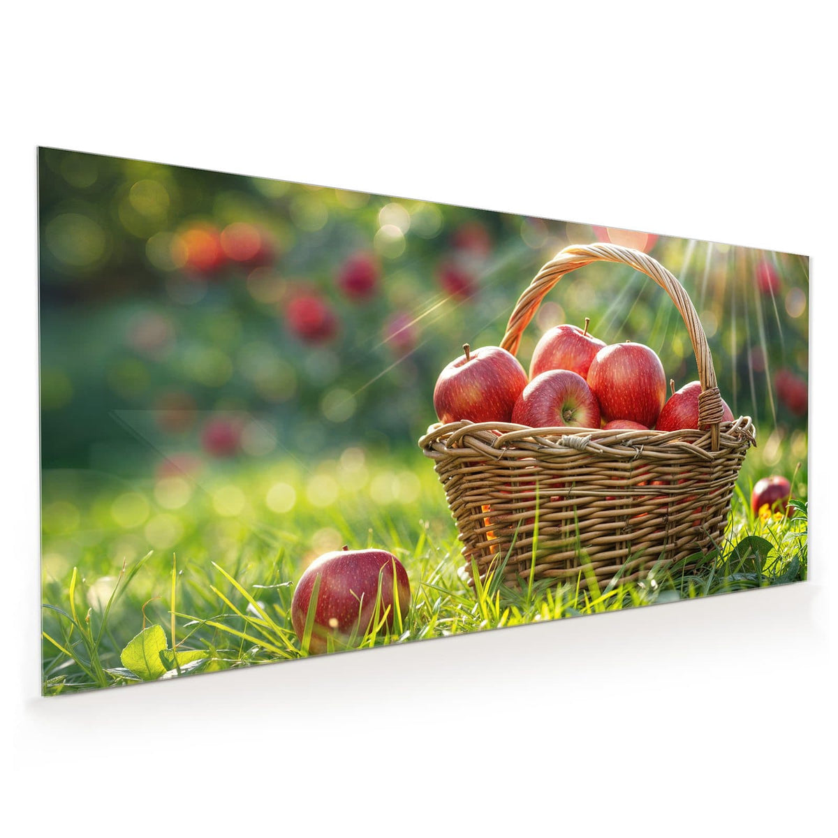 Küchenrückwand aus Glas im Hochformat mit Motiv Korb mit roten Äpfeln: Weidenkorb voller roter Äpfel im Gras, Sonnenstrahlen durch die Bäume dahinter