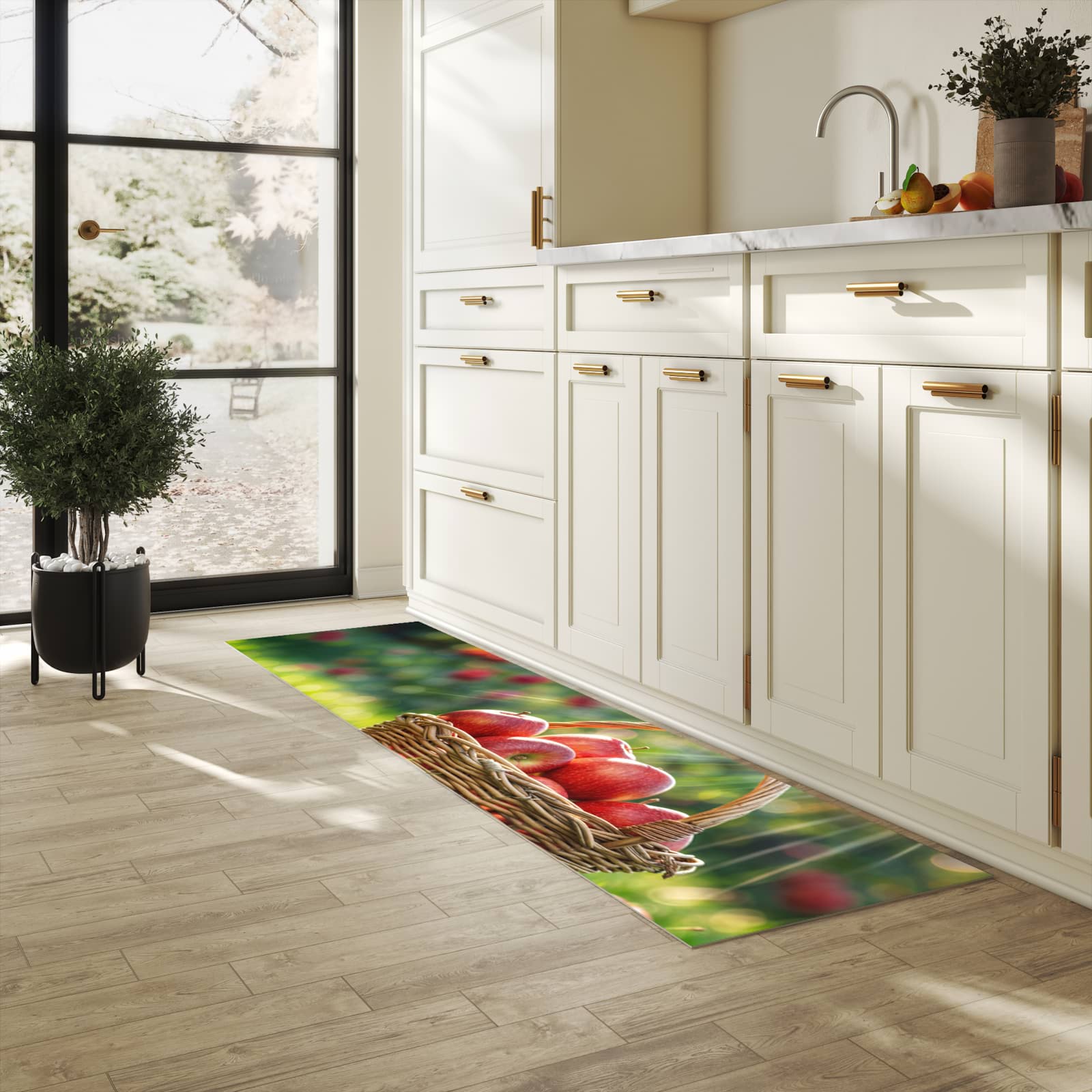 Rutschfester Küchenteppich mit Motiv Korb mit roten Äpfeln in heller Küche