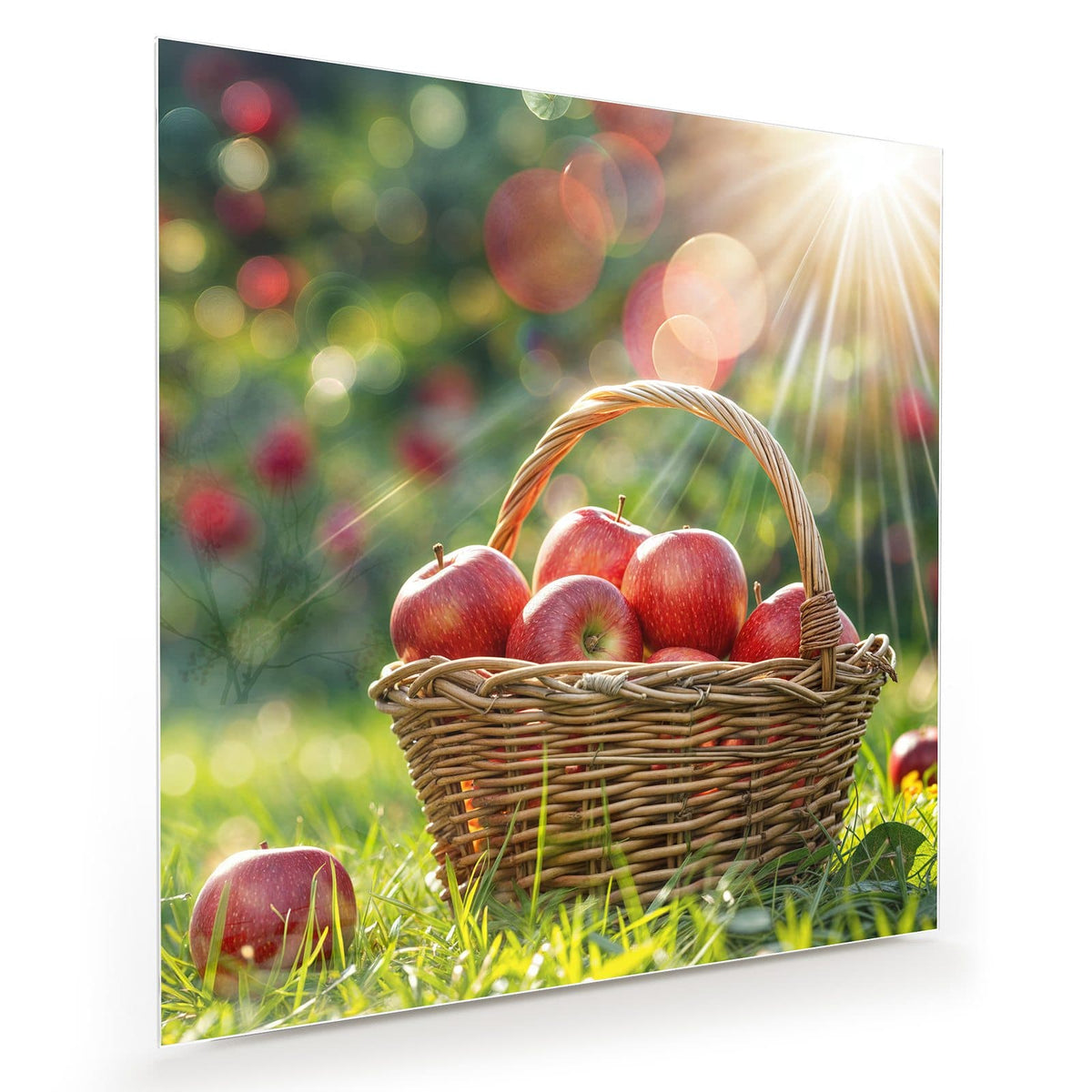Weidenkorb voller roter Äpfel im Gras, Sonnenstrahlen durch die Bäume dahinter
