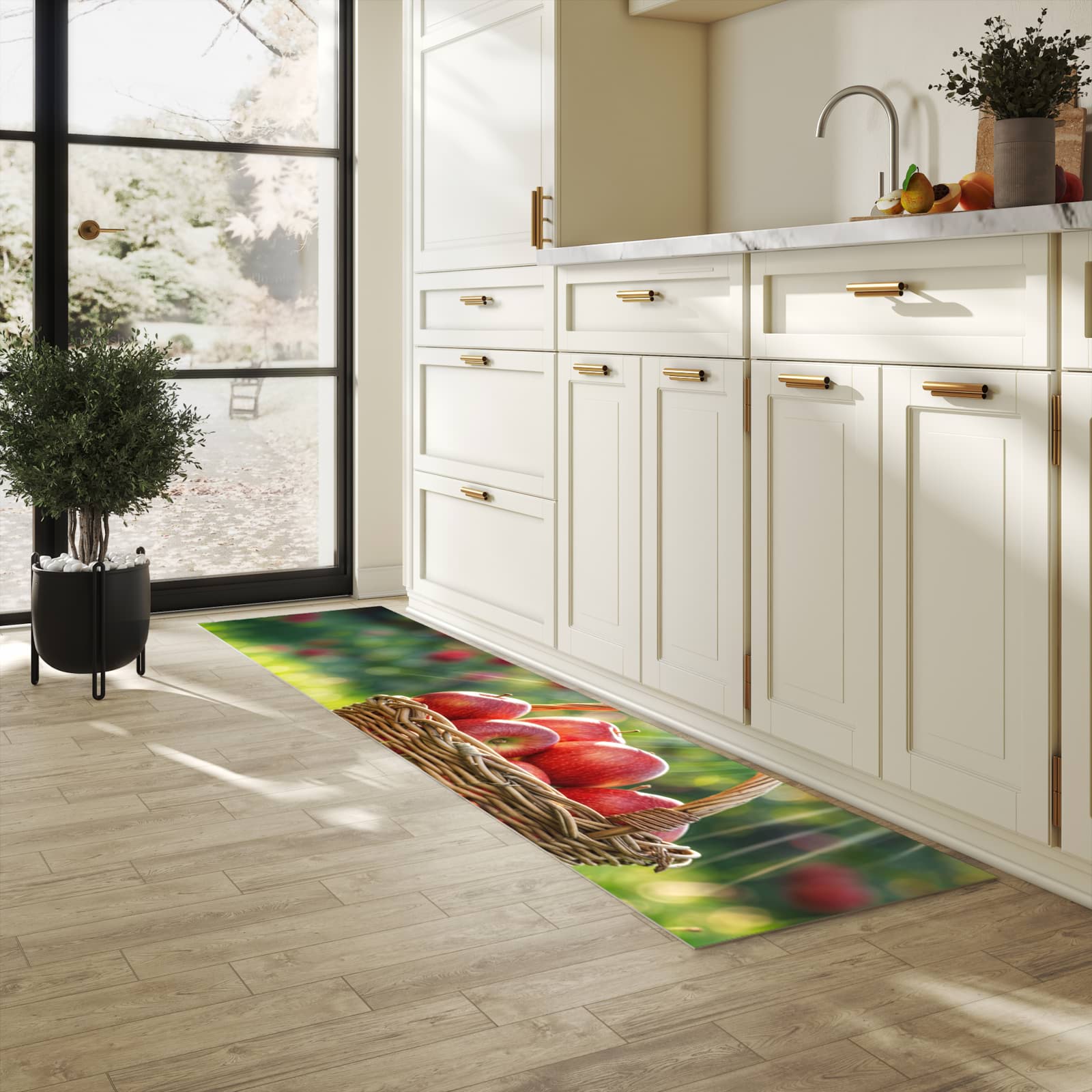 Feuchtigkeitsresistenter Küchenteppich mit Motiv Korb mit roten Äpfeln in heller Küche