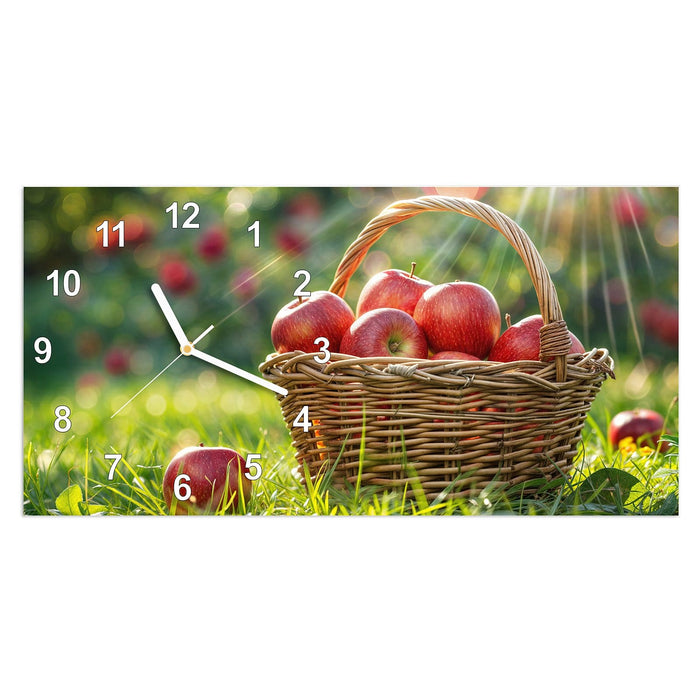 Wanduhr Korb mit roten Äpfeln aus Glas – Querformat 60 × 30 cm mit Ziffernblatt Modern